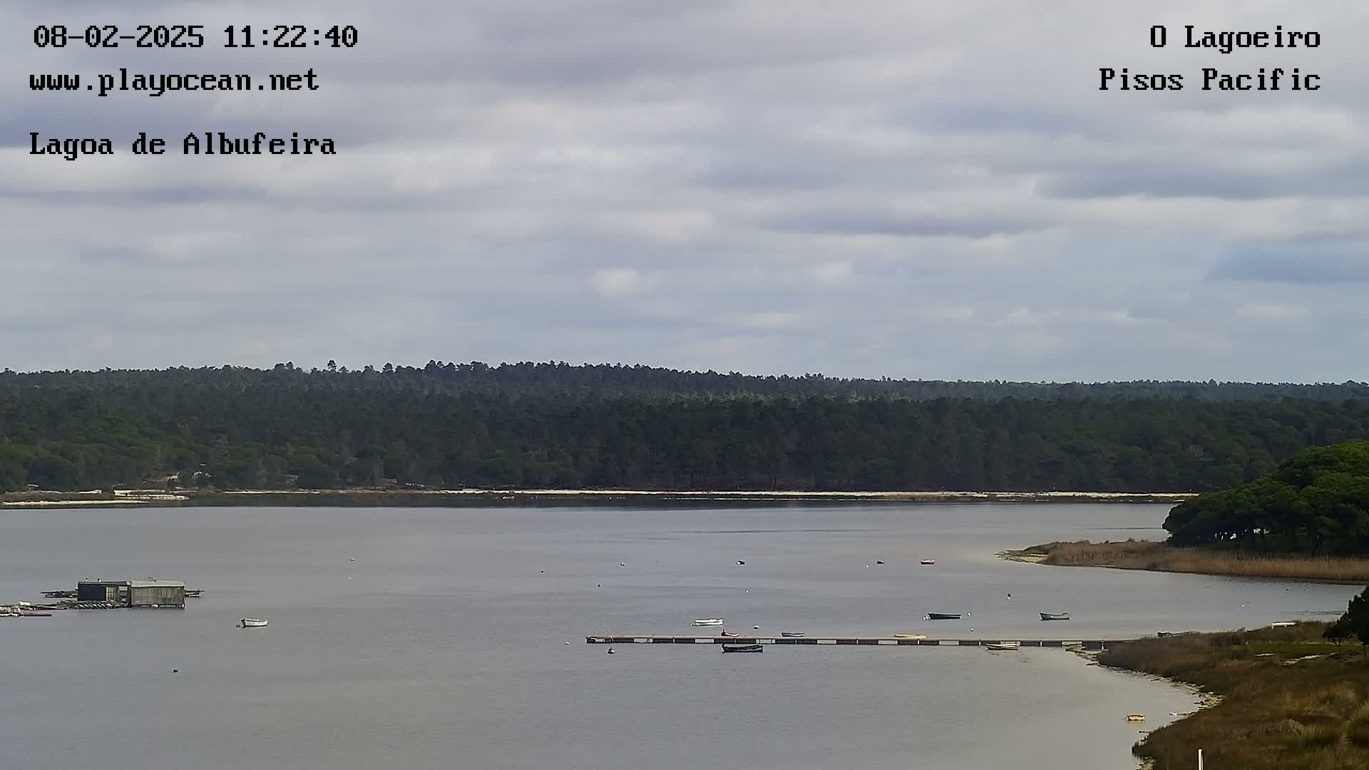 A calm body of water is surrounded by a dense forest under a cloudy sky, with a few small boats and a dock visible.