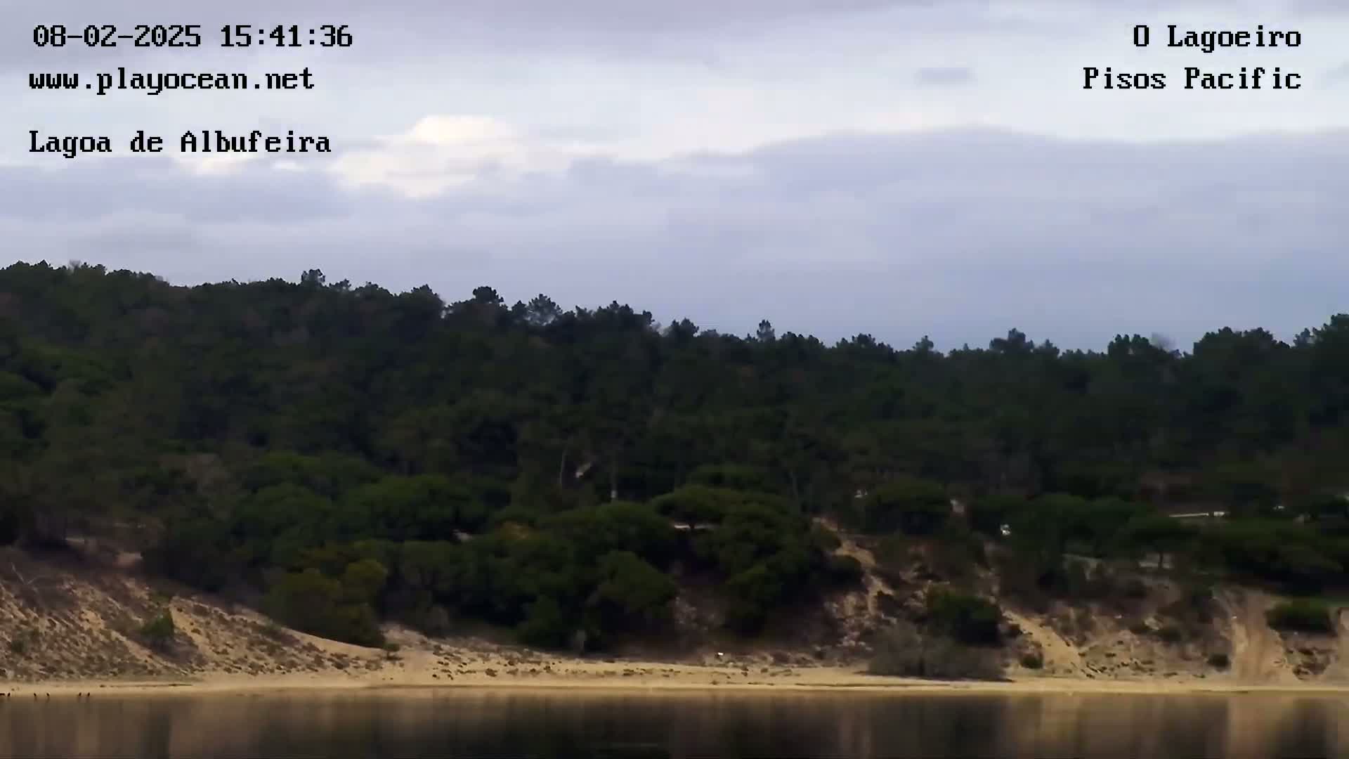 A tranquil body of water reflects a cloudy sky, with a sandy shore backed by a dark green, tree-covered hill.