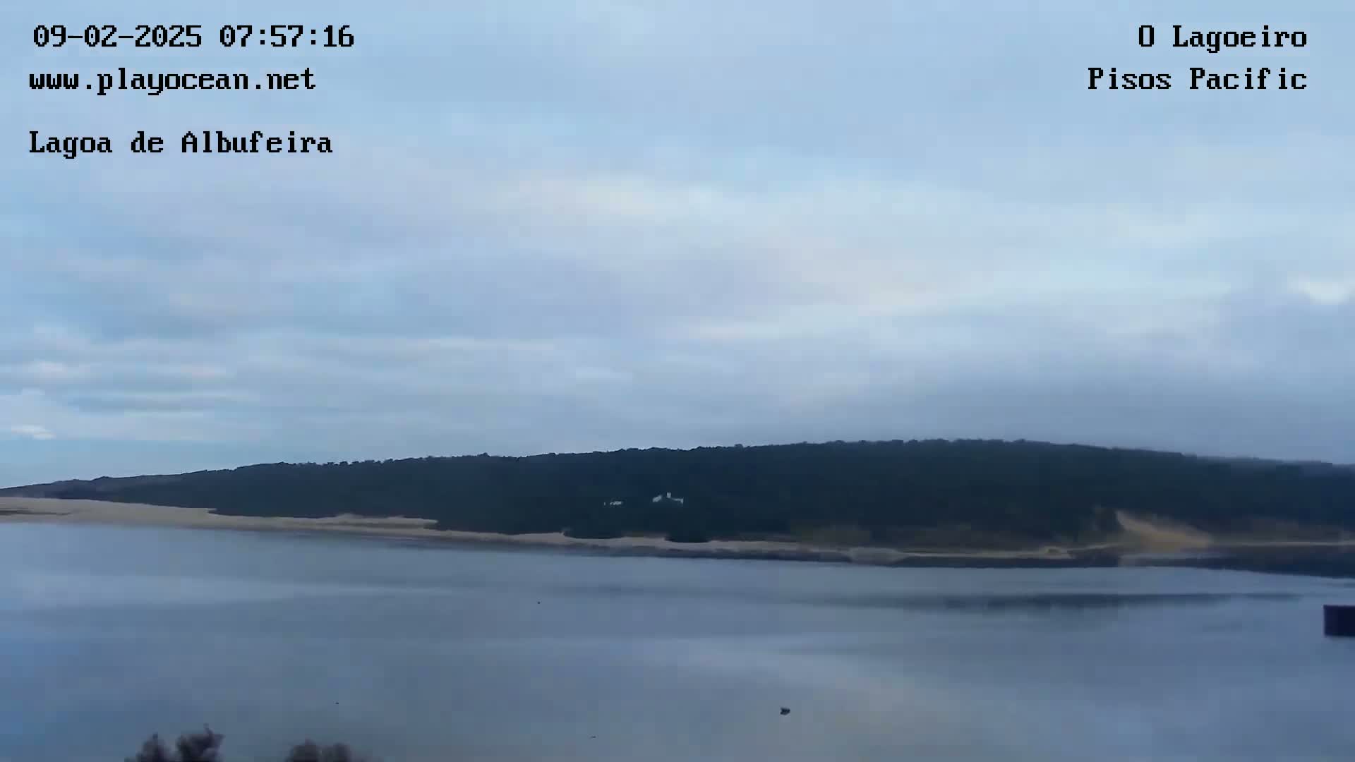 A calm body of water stretches out before a line of dark green trees and a light-colored sandy shore under a mostly cloudy sky.