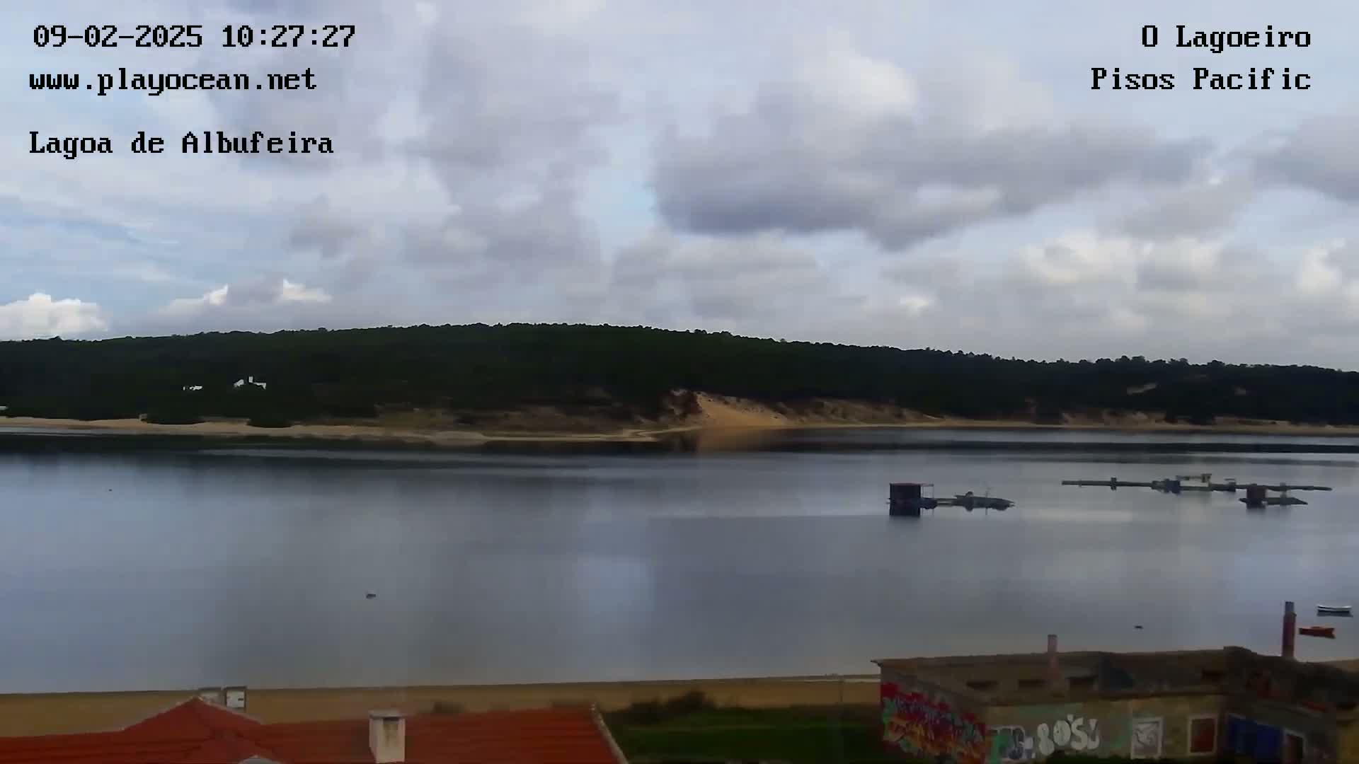 A calm body of water stretches out under a partly cloudy sky, bordered by a sandy shore and a line of dark green trees.