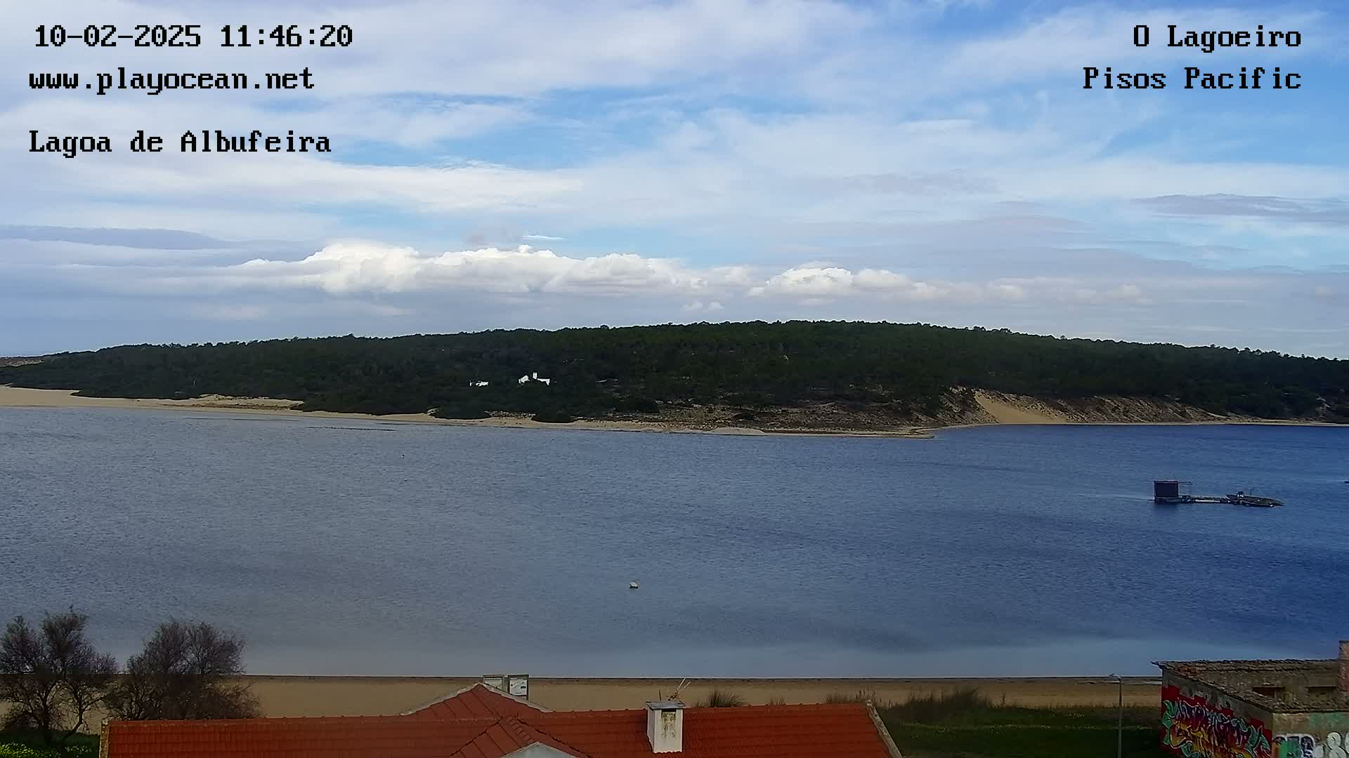 A calm body of water stretches out before a sandy shore and a line of dark green trees under a partly cloudy sky.