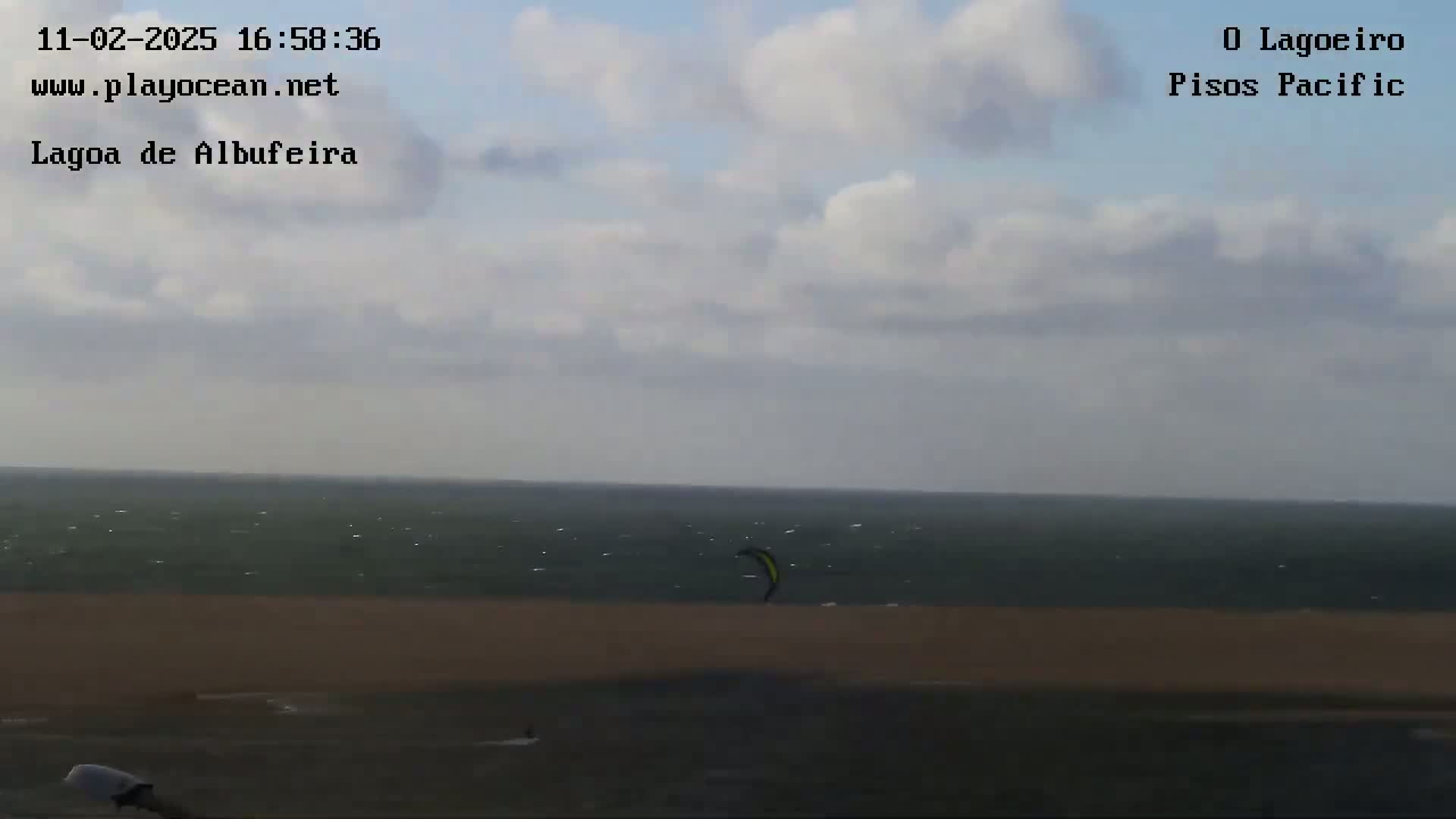 A kitesurfer is visible on a calm, overcast day at a beach with dark-colored sand next to a body of water.