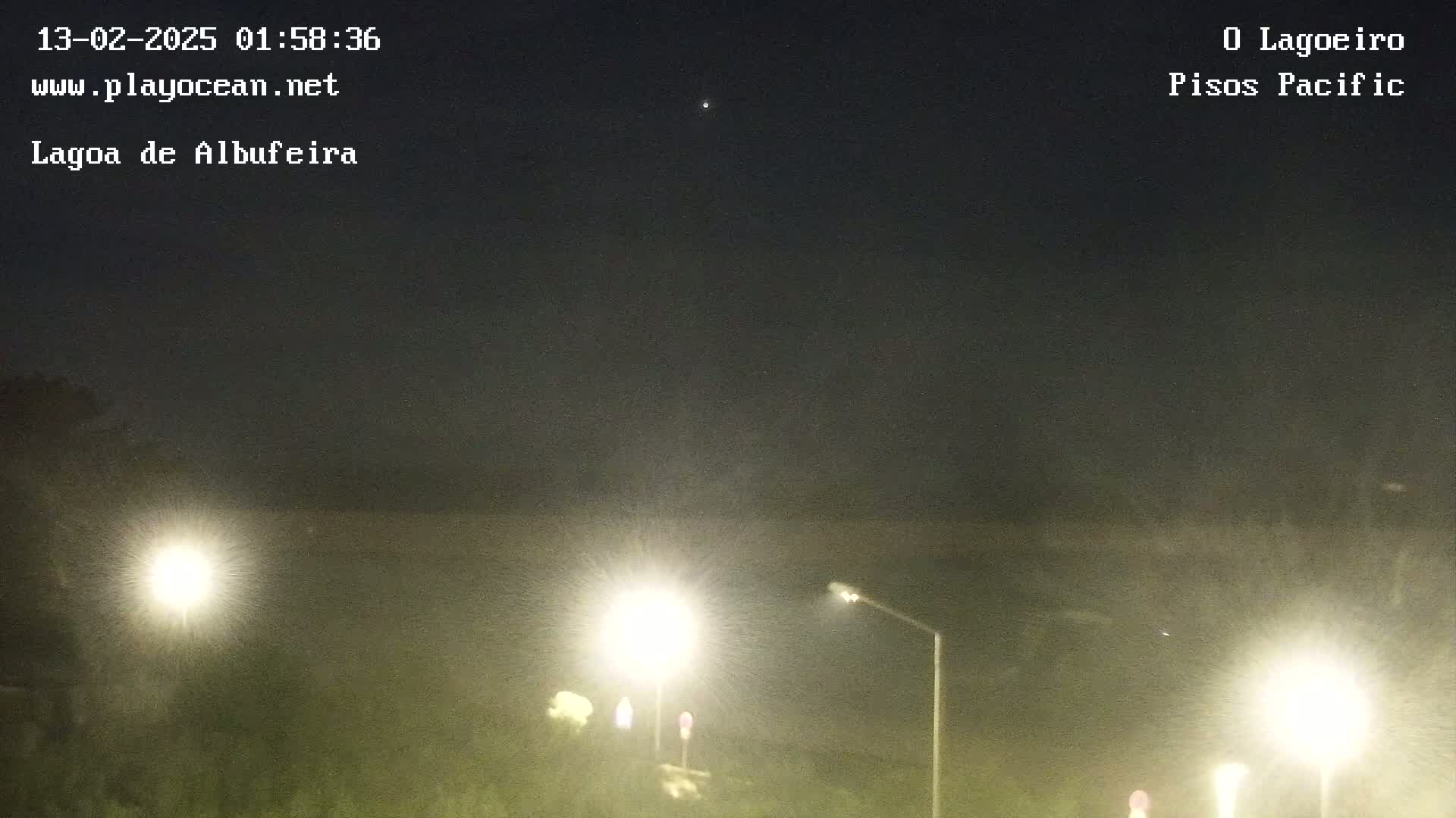 A nighttime view of a hazy, dimly lit area with several streetlights and a dark sky.