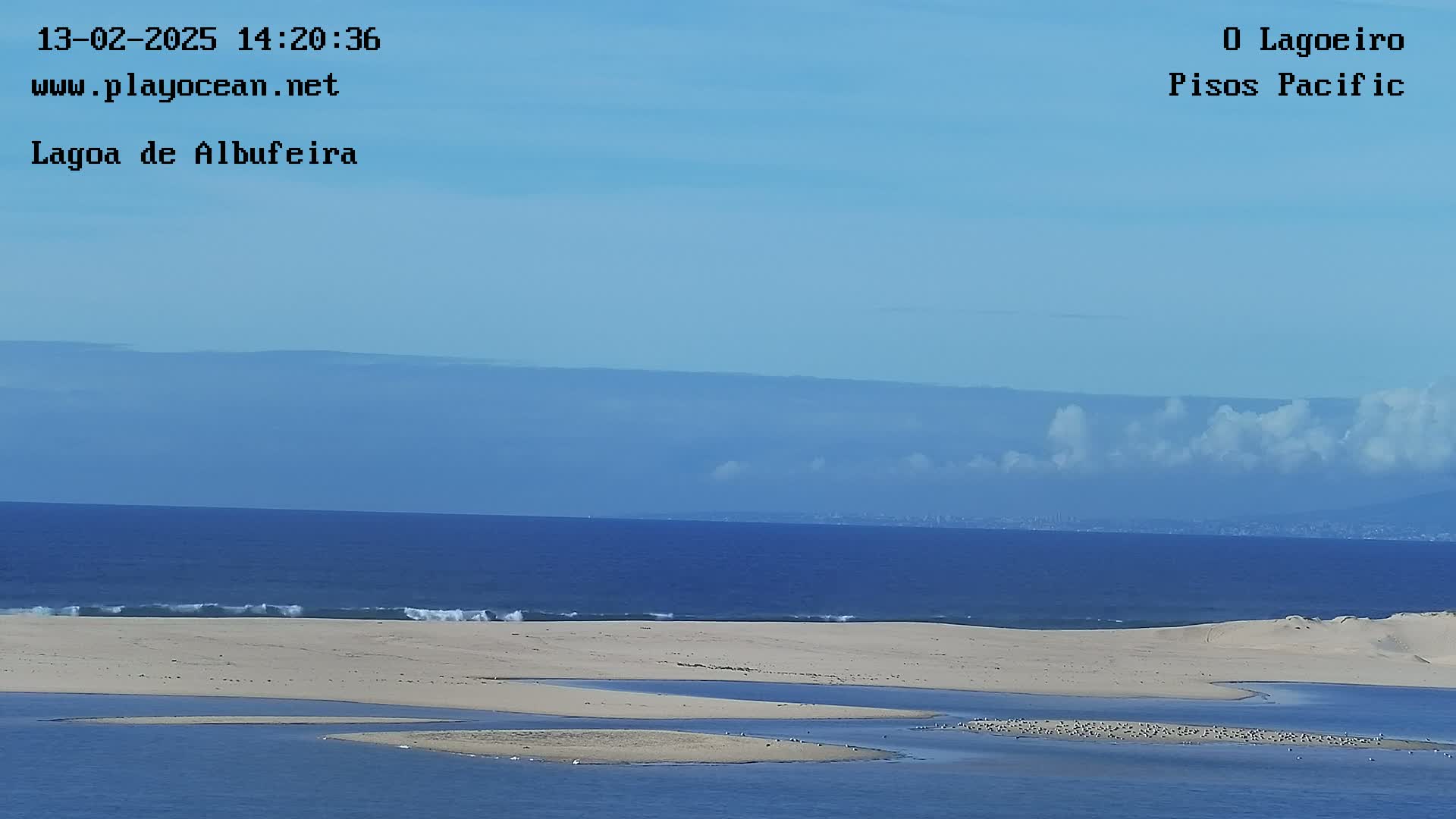A sandy estuary with small islands and birds, meets a calm ocean under a mostly clear, light blue sky with a few clouds on the horizon.