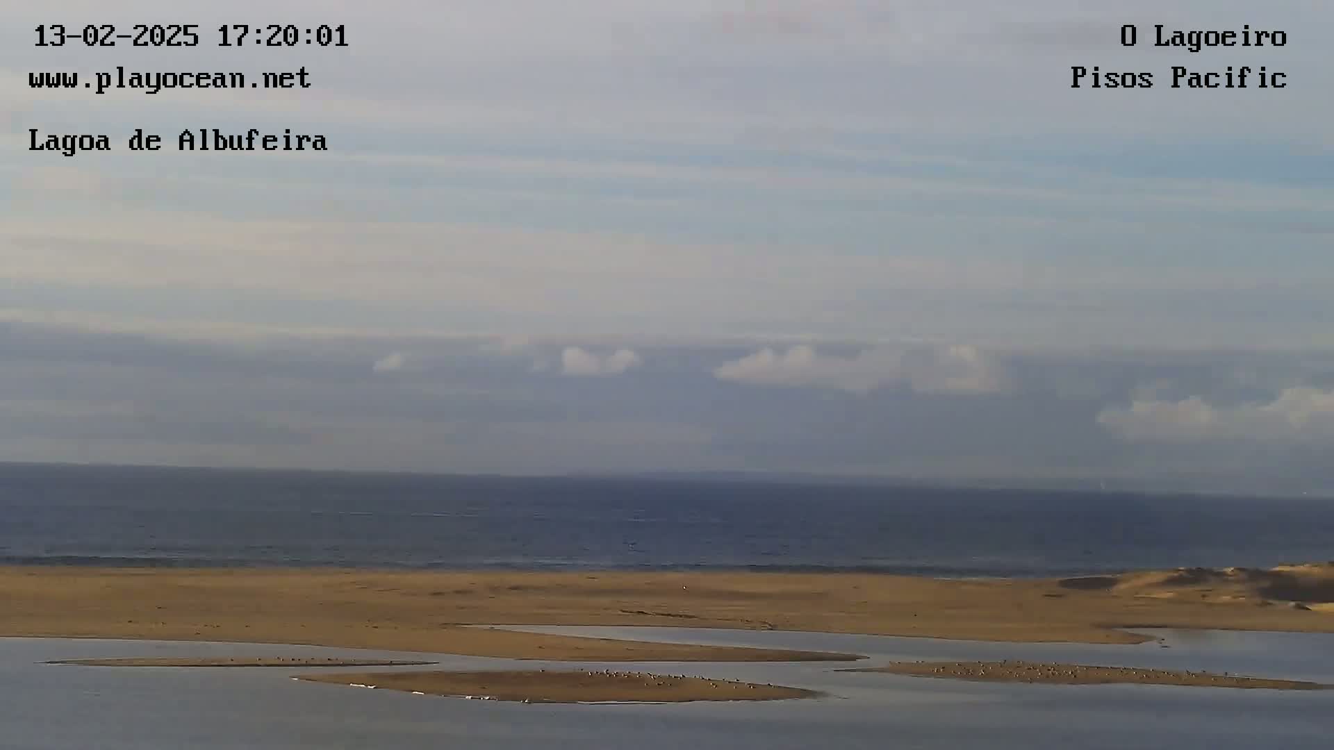 A calm ocean meets a wide sandy shore with several small islands populated with birds under a mostly cloudy sky.