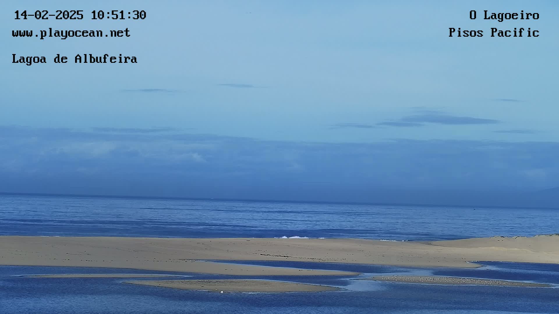 A calm ocean meets a sandy shore with small waterways, under a mostly clear blue sky.