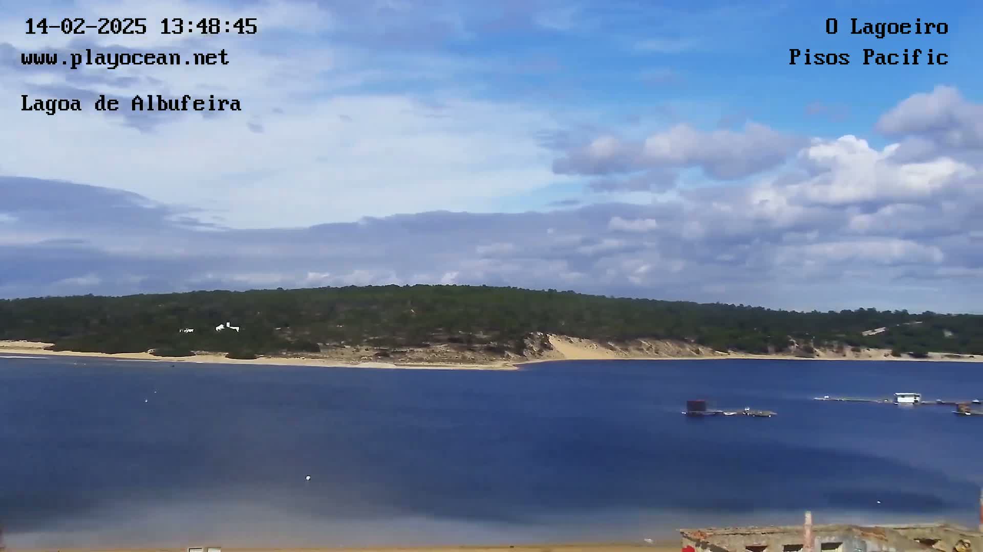 A partly cloudy sky overlooks a calm body of water with a sandy shoreline and a wooded hill in the background.