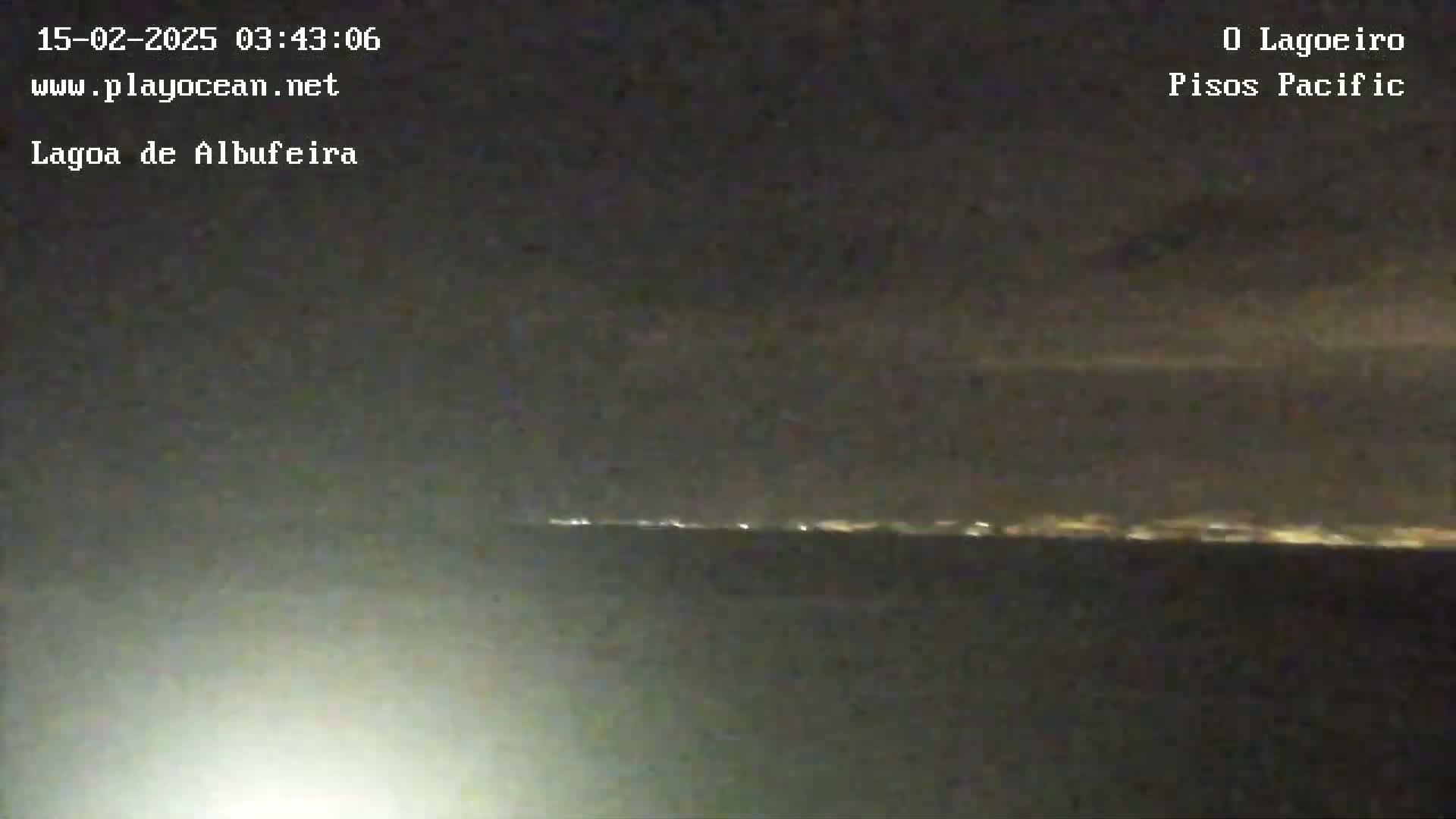 A nighttime view of a dark body of water with a distant line of lights on the horizon under a mostly clear sky.