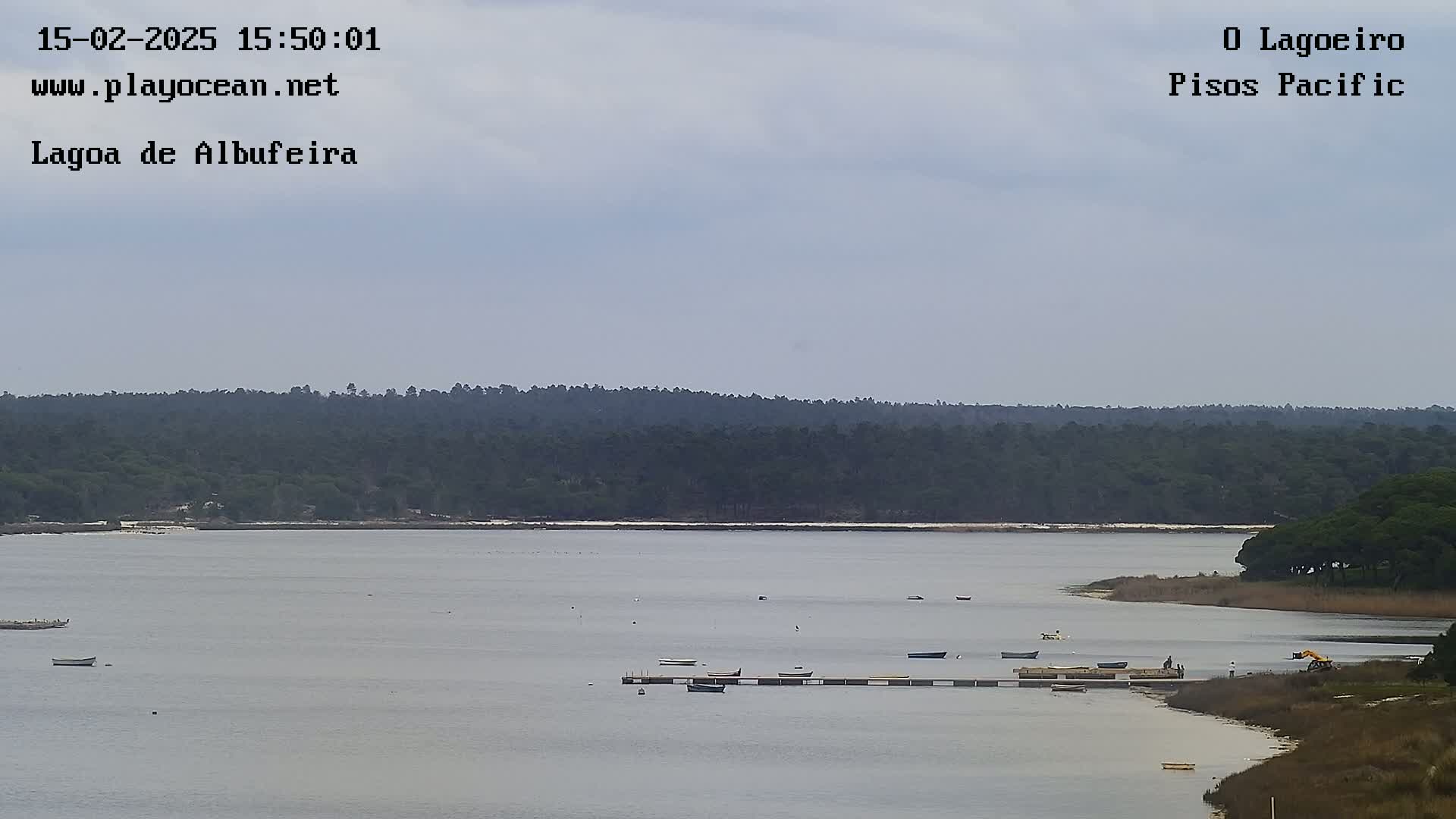 A calm, overcast day reveals a tranquil lagoon with several small boats moored near a jetty, backed by a dense line of dark green trees.