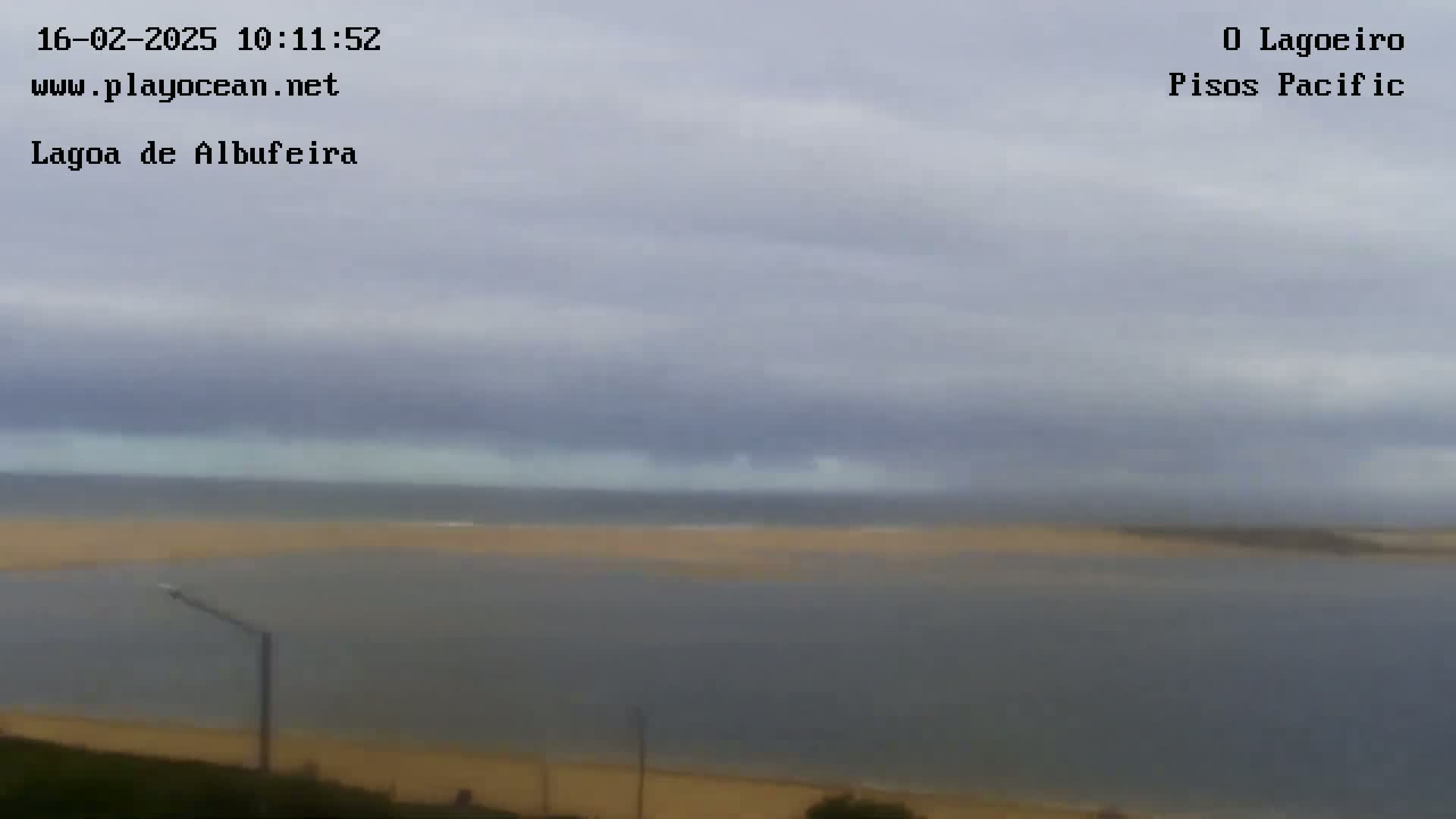 A body of water with a sandy shore is visible under an overcast sky.