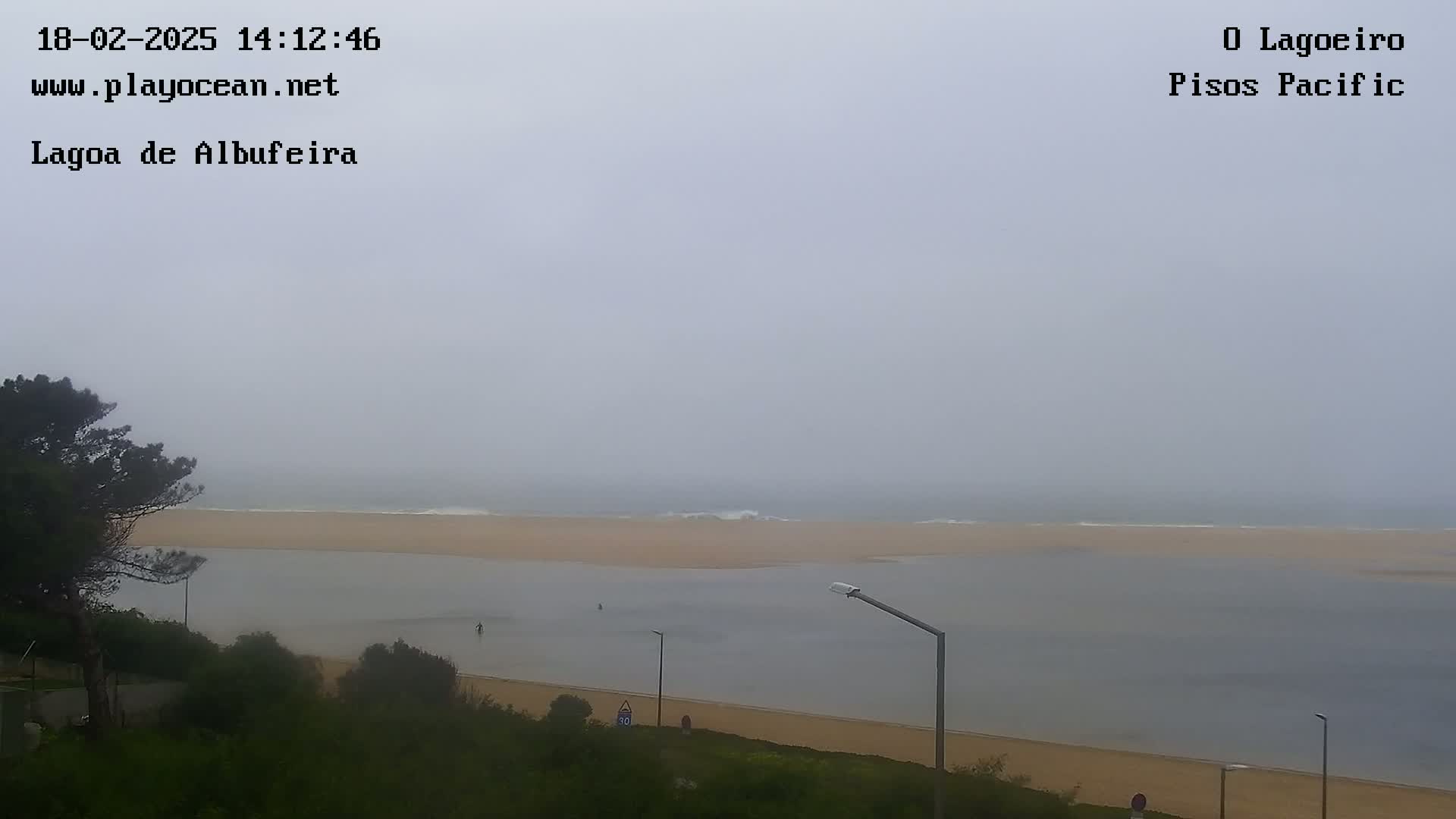 A foggy view shows a calm body of water meeting a sandy beach, with a few people visible in the distance and vegetation in the foreground.