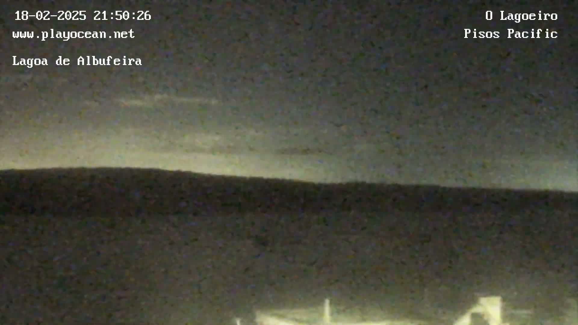 A nighttime, low-light view shows a dark landmass silhouetted against a faintly lighter horizon under a mostly clear sky.