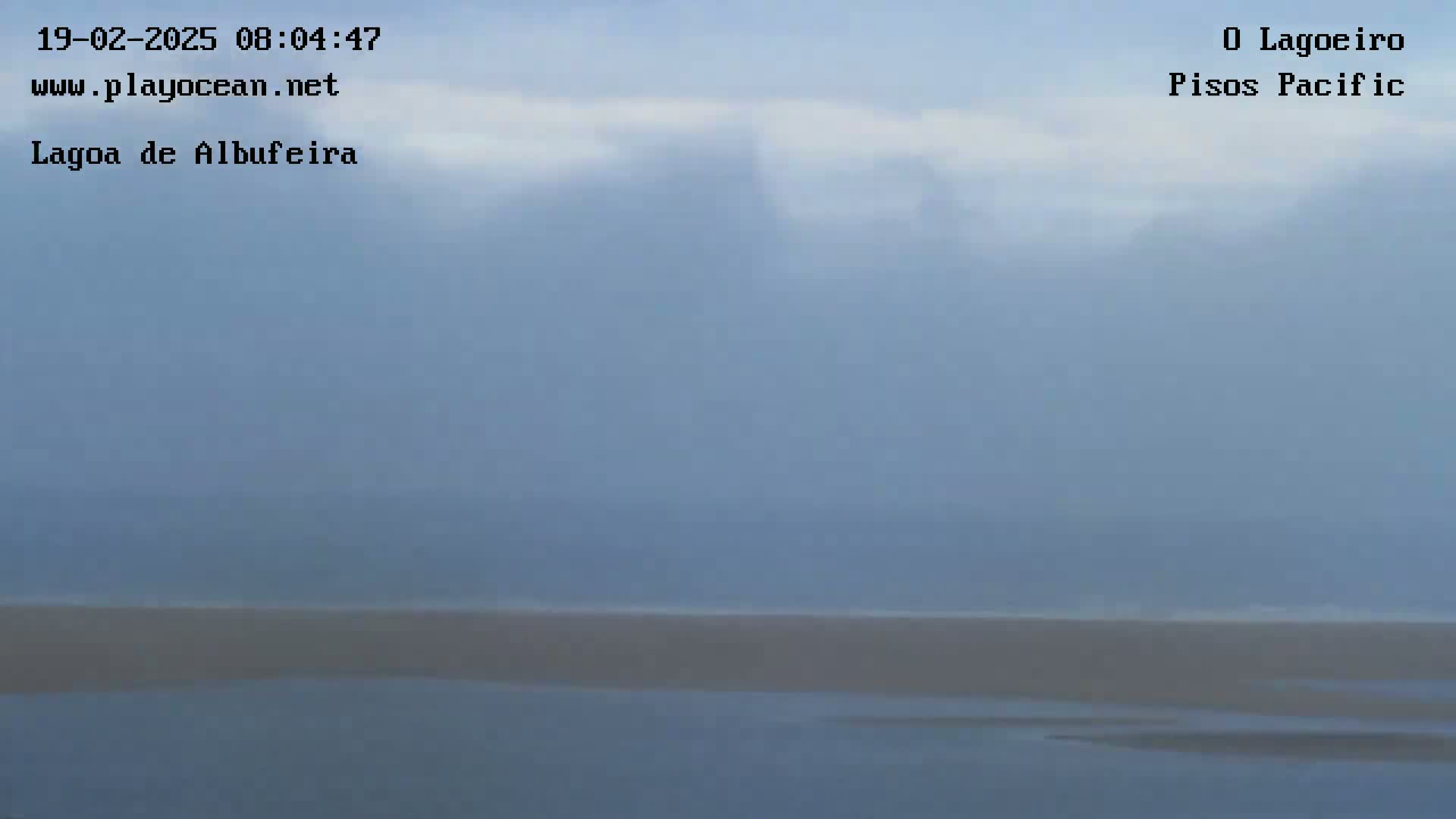 A hazy, overcast sky hangs over a calm body of water and a sandy shore.