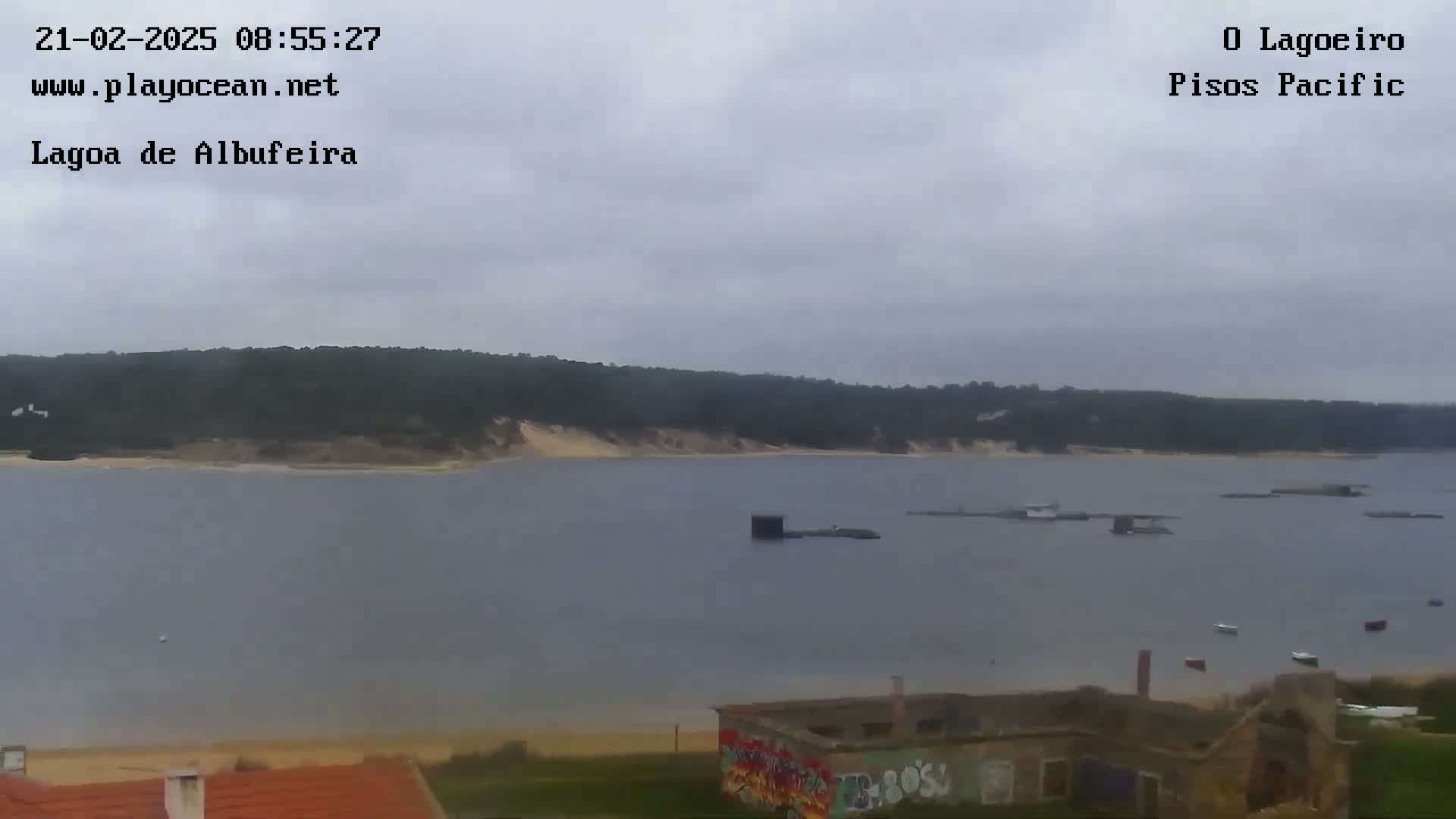 A calm, overcast day shows a wide body of water with a sandy shore and distant trees, a few small boats, and a graffiti-covered building in the foreground.