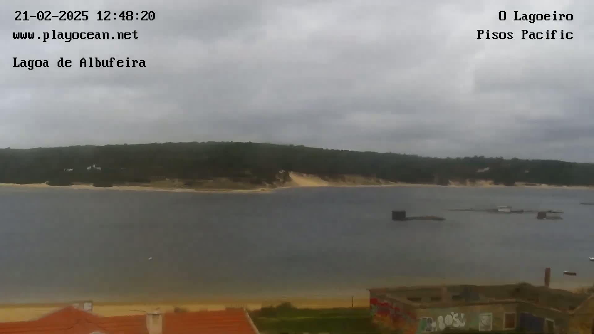 A body of water stretches to a treeline under an overcast sky, with a sandy beach and a few structures visible in the foreground.