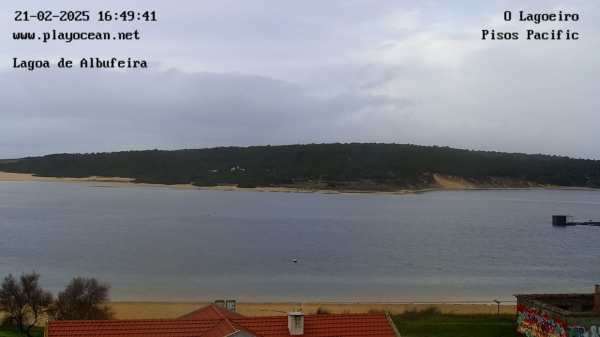 A calm body of water stretches out to a sandy shoreline backed by a line of dark green vegetation under an overcast sky.