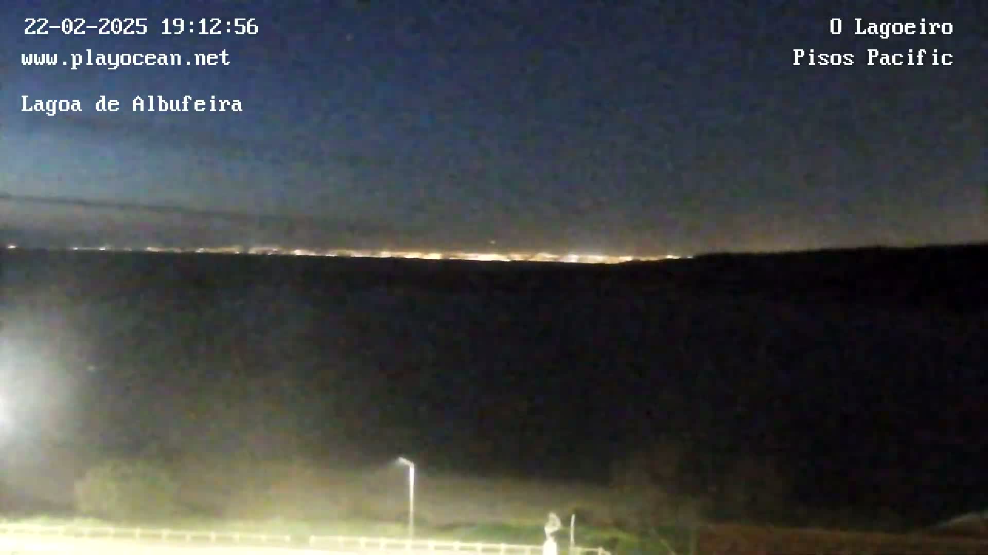 A nighttime, long-range view of a distant city skyline illuminated by lights across a dark body of water.