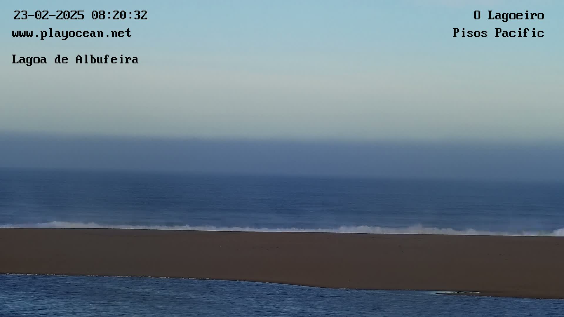 A hazy, calm ocean meets a dark sandy beach under a pale sky.