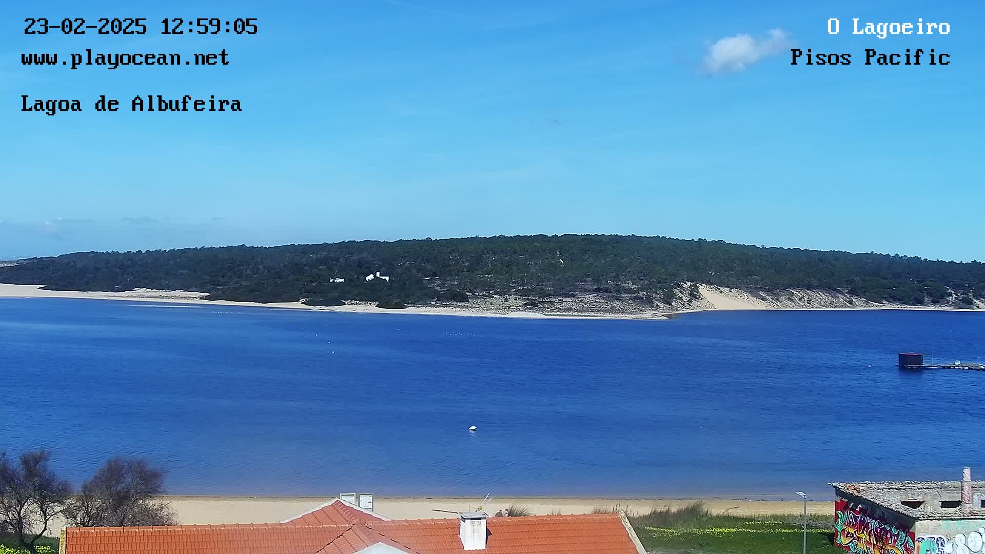 A tranquil blue lagoon stretches to a sandy shore backed by a verdant hillside under a clear blue sky with a single small cloud.
