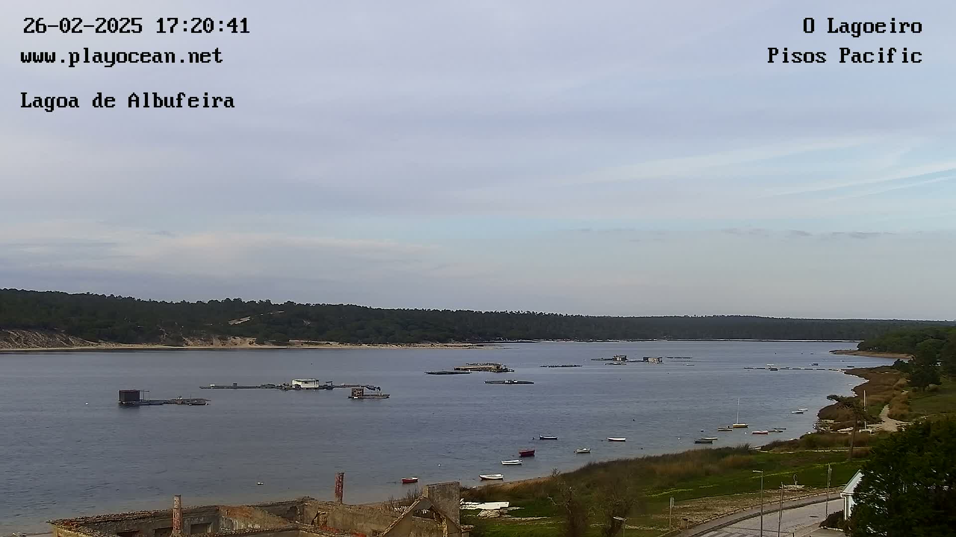 A calm body of water stretches out under an overcast sky, dotted with several small boats and aquaculture structures near a tree-lined shore.