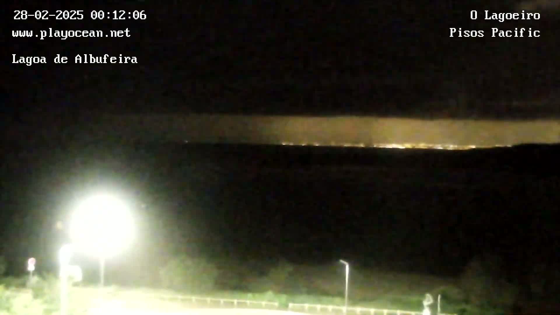 A nighttime view of a city's lights across a dark body of water under a cloudy sky.