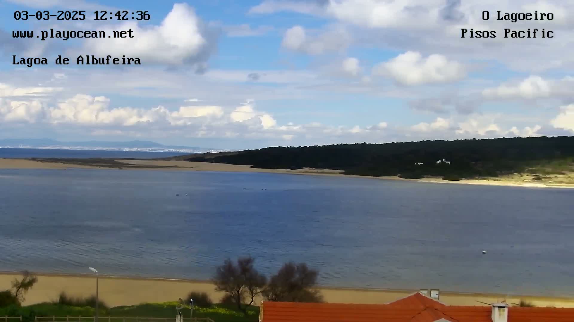 A calm lagoon with a sandy shore is seen under a partly cloudy sky, with a line of dark green trees and a distant coastline visible in the background.