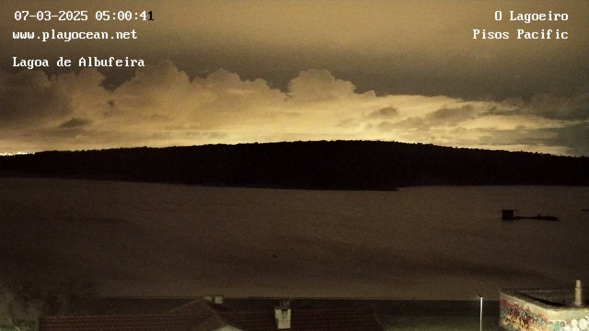 A nighttime view of a dark, calm body of water with a silhouetted treeline in the background under a cloudy, dimly lit sky.