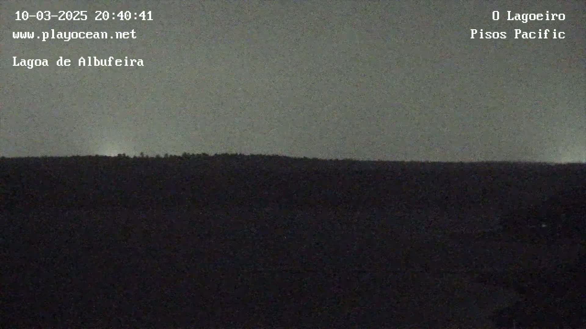 A dark, flat landscape is visible under a twilight sky.
