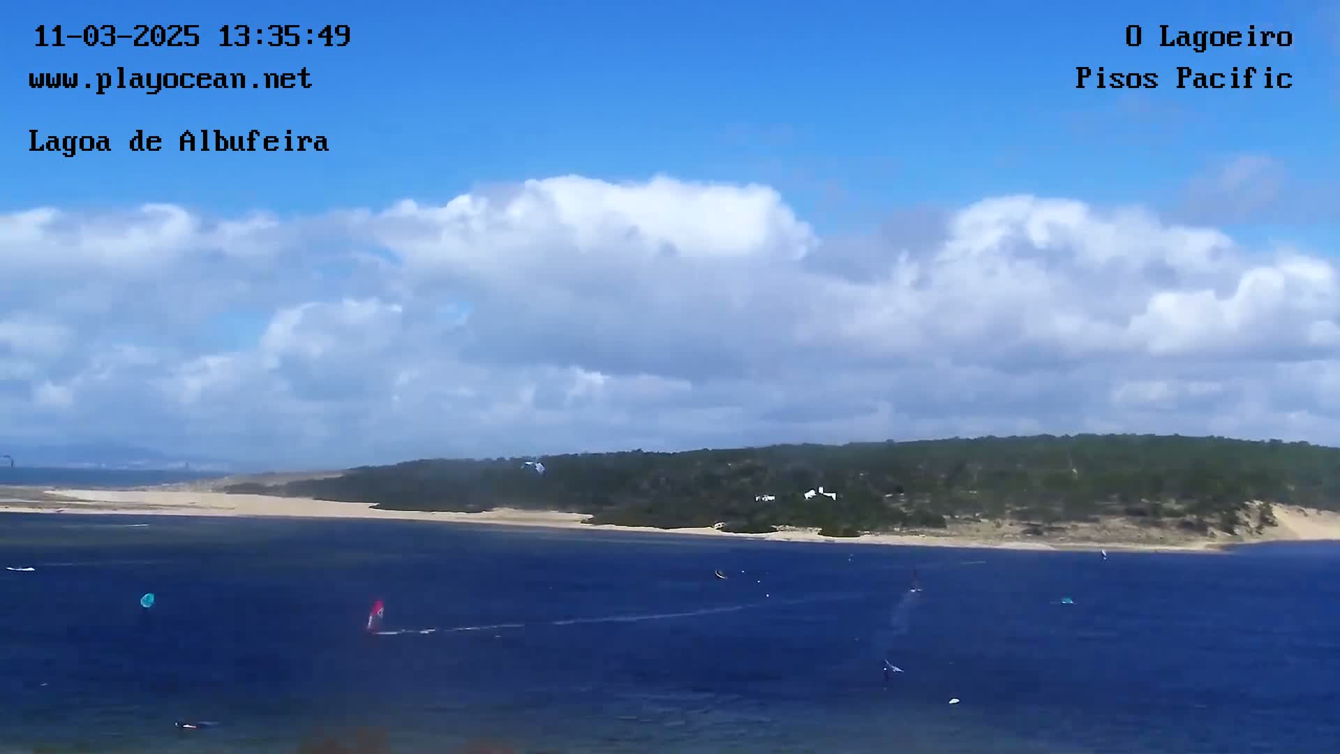 A mostly sunny day shows a body of water with several windsurfers and kitesurfers, a sandy shore, and green hills in the background.
