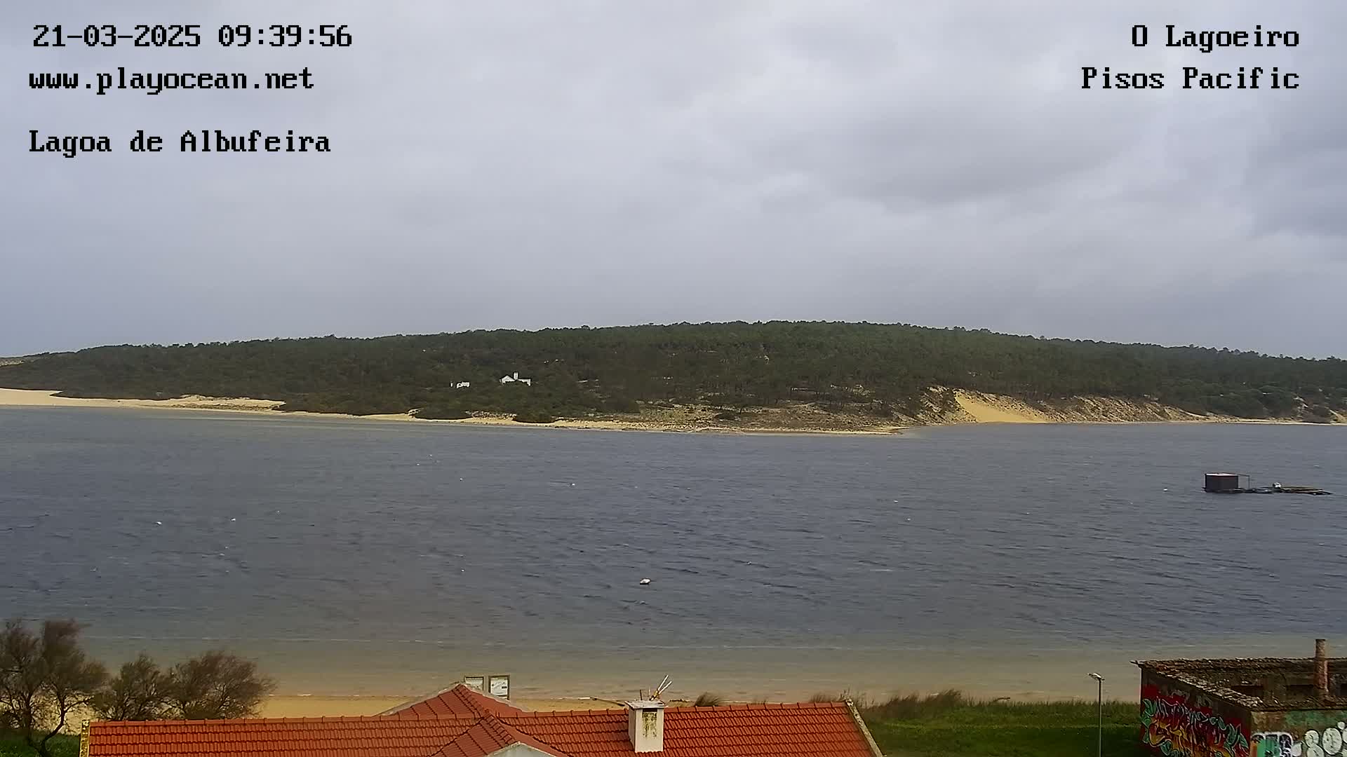 A body of water stretches out to a distant shoreline of dark green vegetation and sandy beach under a cloudy sky.