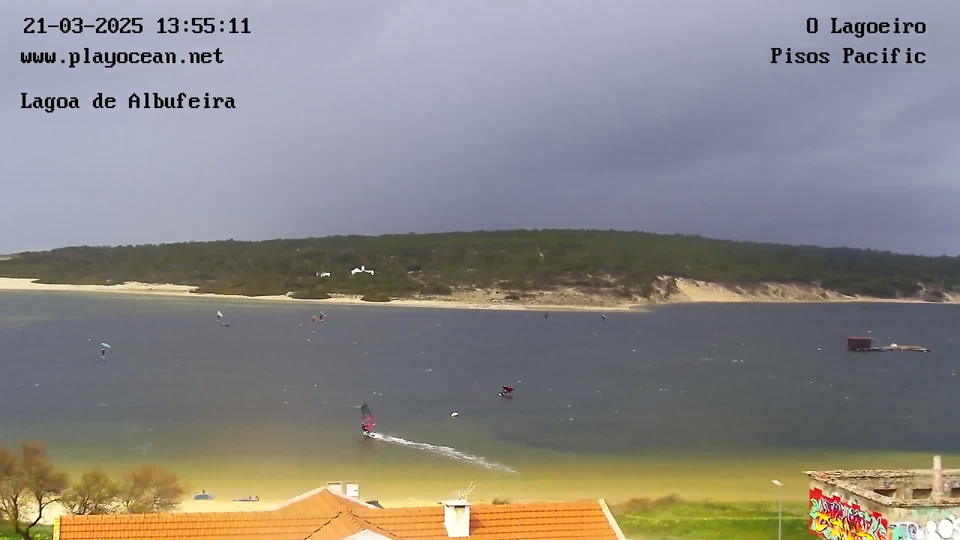 Several windsurfers are visible on a body of water under an overcast sky, with a sandy shore and vegetation in the background.