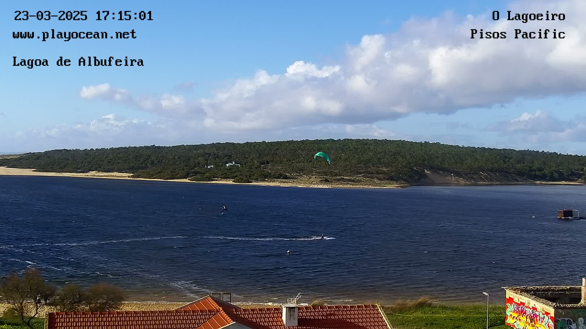 A kitesurfer glides over a dark-blue body of water under a partly cloudy sky, with a sandy shore and forested land visible in the background.
