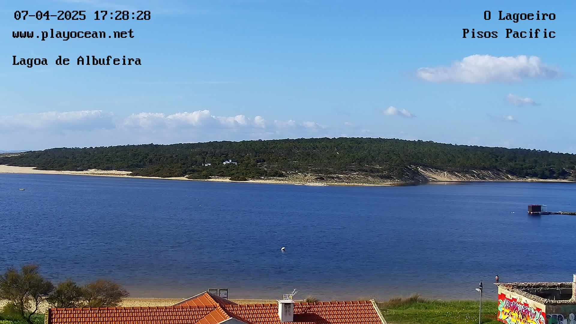 A tranquil body of water stretches out before a verdant, tree-covered landmass under a partly cloudy sky.