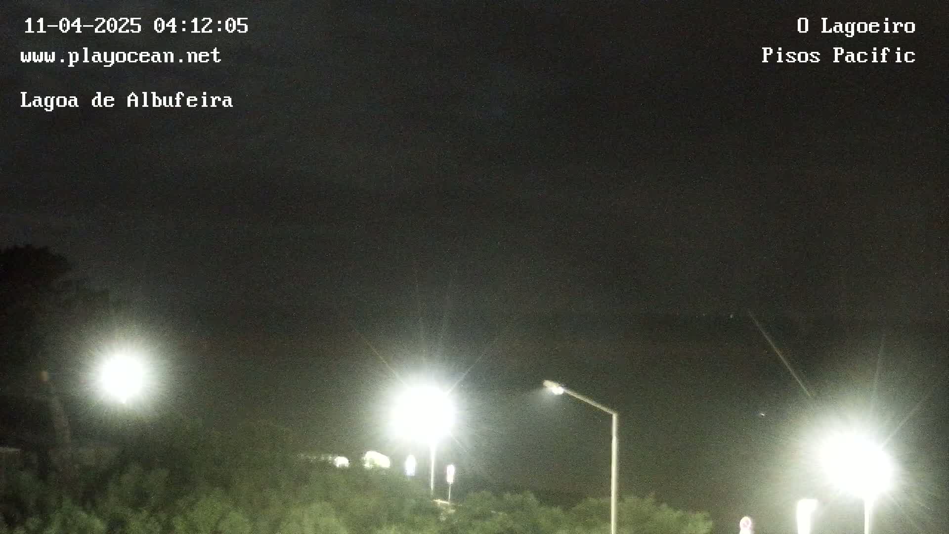 At night, several bright lights illuminate a roadway bordered by dark vegetation under a dark, mostly clear sky.