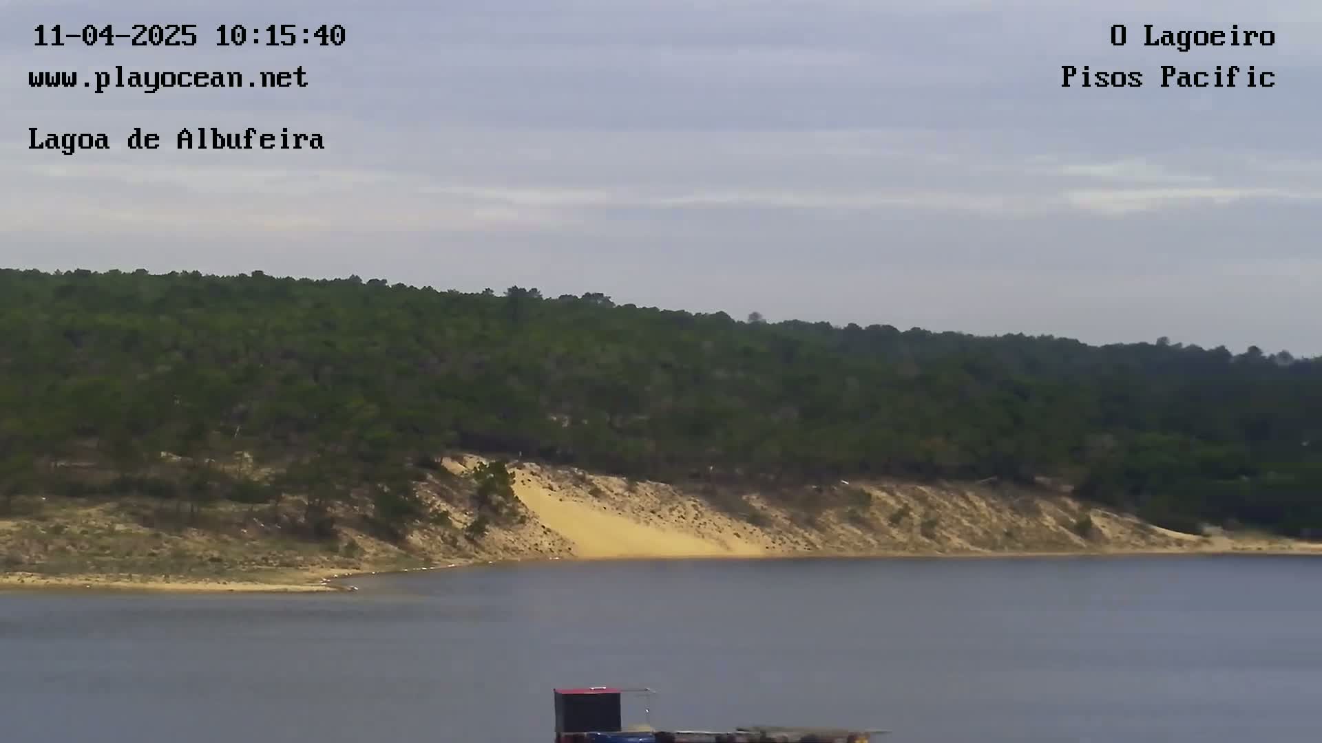 A calm body of water sits beneath a sandy bank and a hill covered in green trees under an overcast sky.