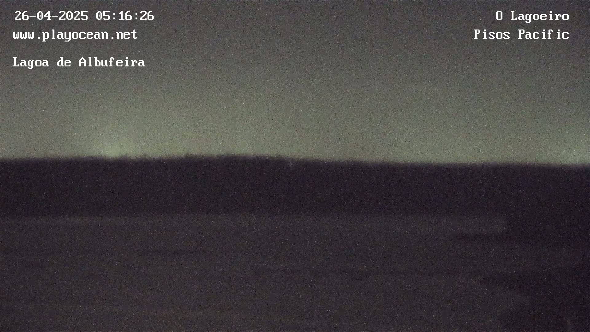A dark, flat landscape is visible under a twilight sky.