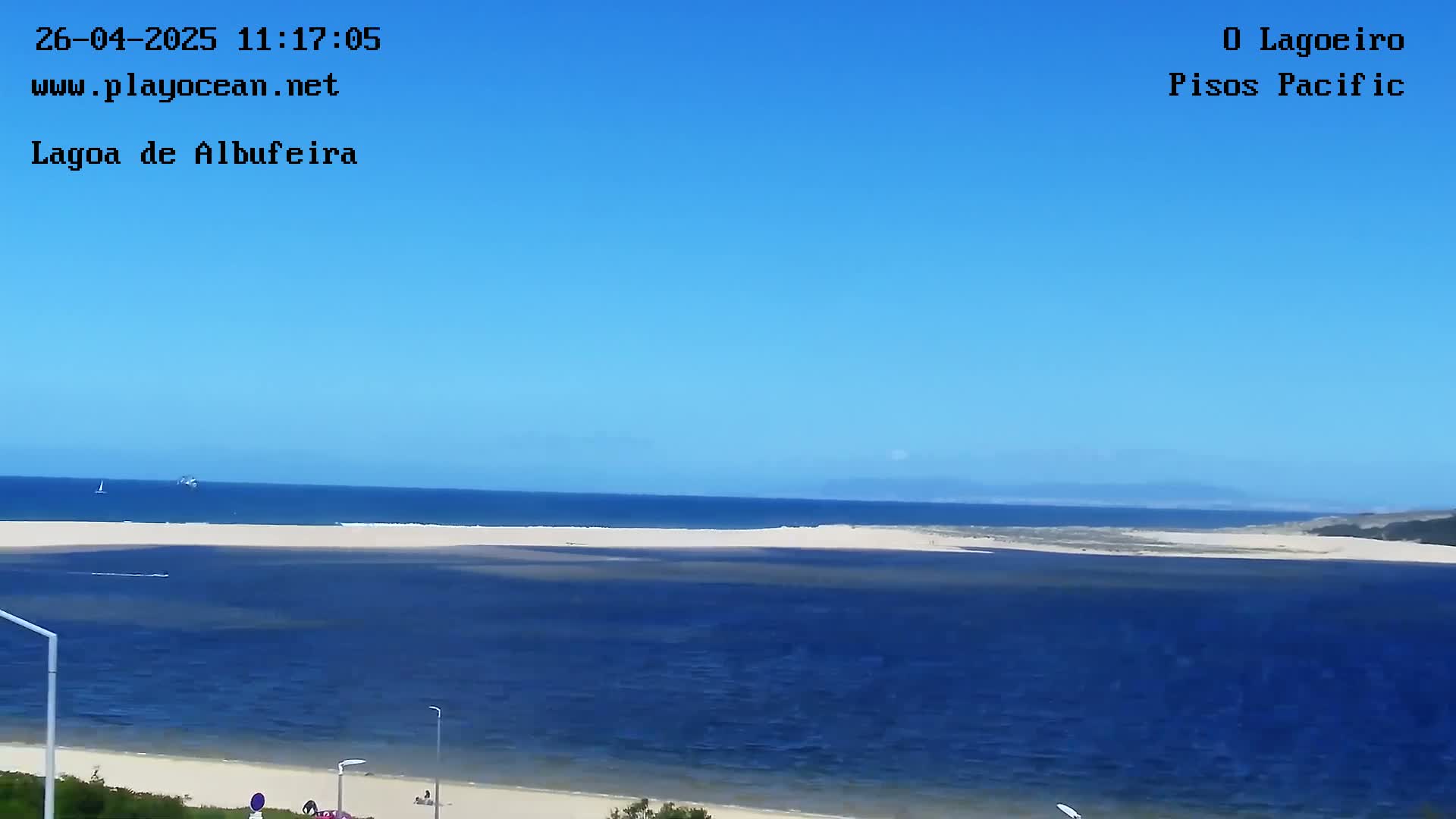 A sandy beach and calm blue ocean are visible under a clear blue sky.