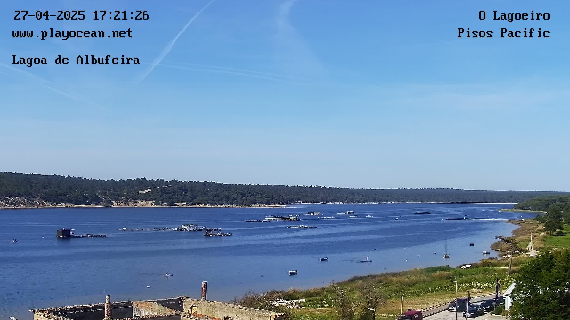 A tranquil body of water stretches out under a clear blue sky, bordered by a verdant shoreline and dotted with small boats.