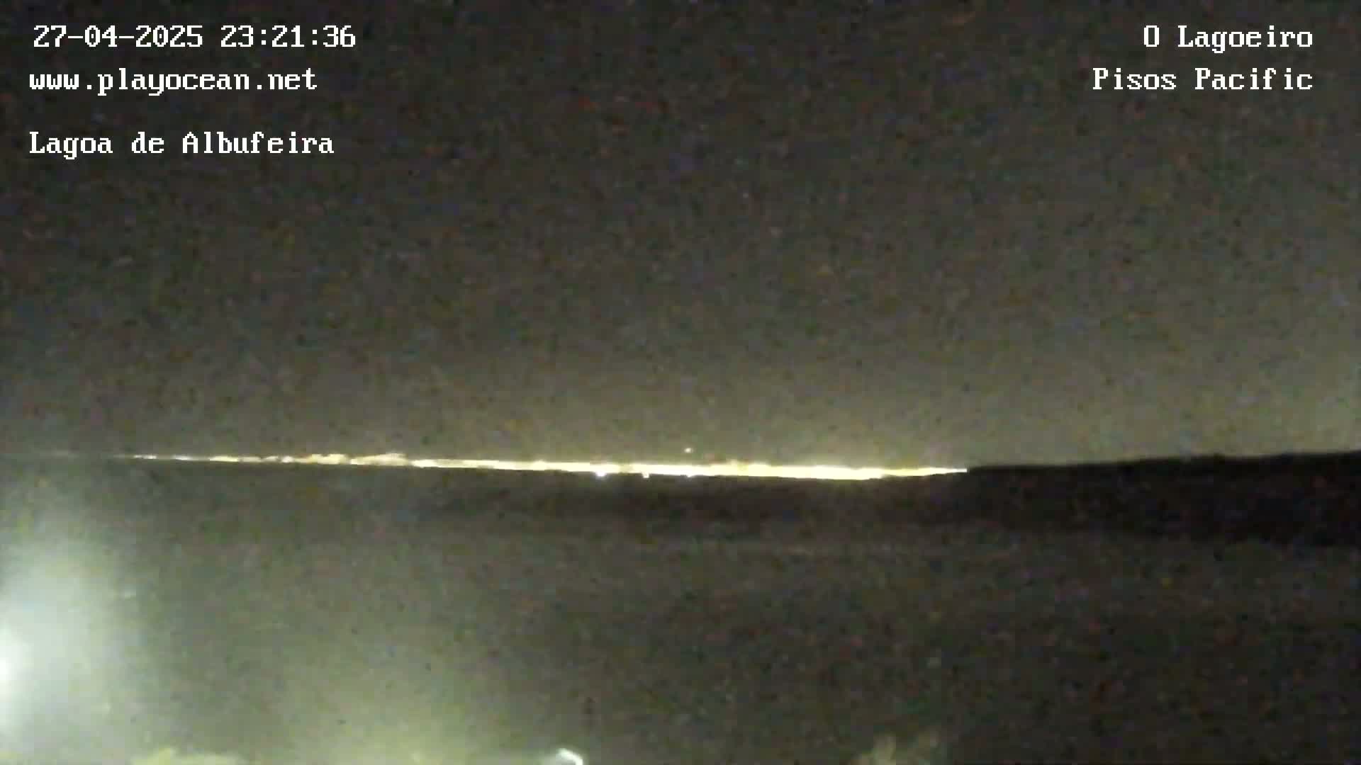 A nighttime, long shot shows a distant line of city lights on the horizon under a dark sky.