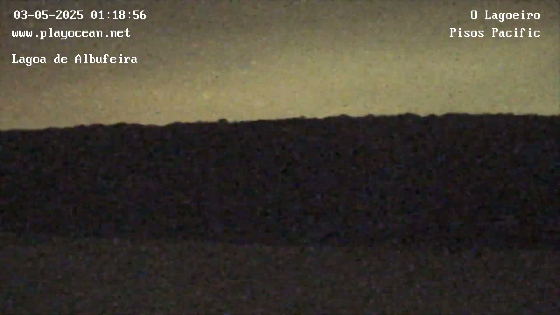 A dark, silhouetted landscape is visible under a light, muted tan sky at night.