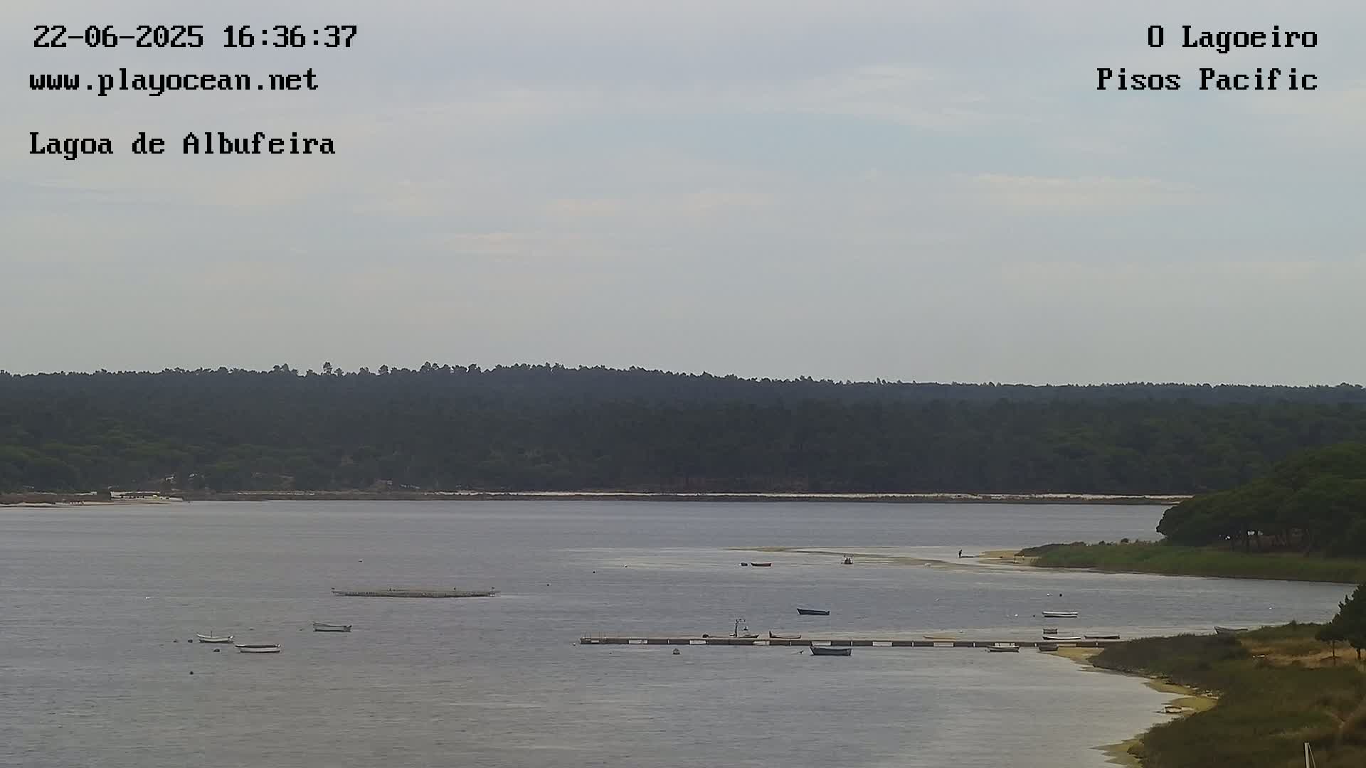 A calm, overcast day shows a lagoon with several small boats, a wooden dock, and a forested shoreline in the distance.