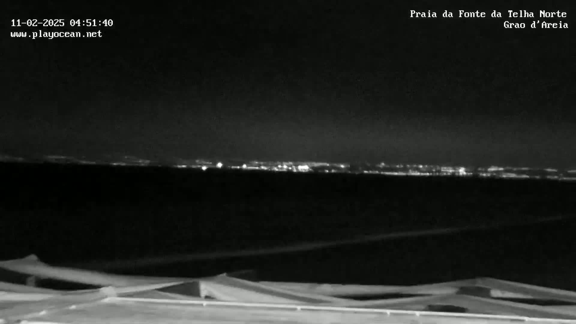 A nighttime view shows a distant city skyline illuminated by lights across a dark body of water, with a dark foreground featuring a textured surface.