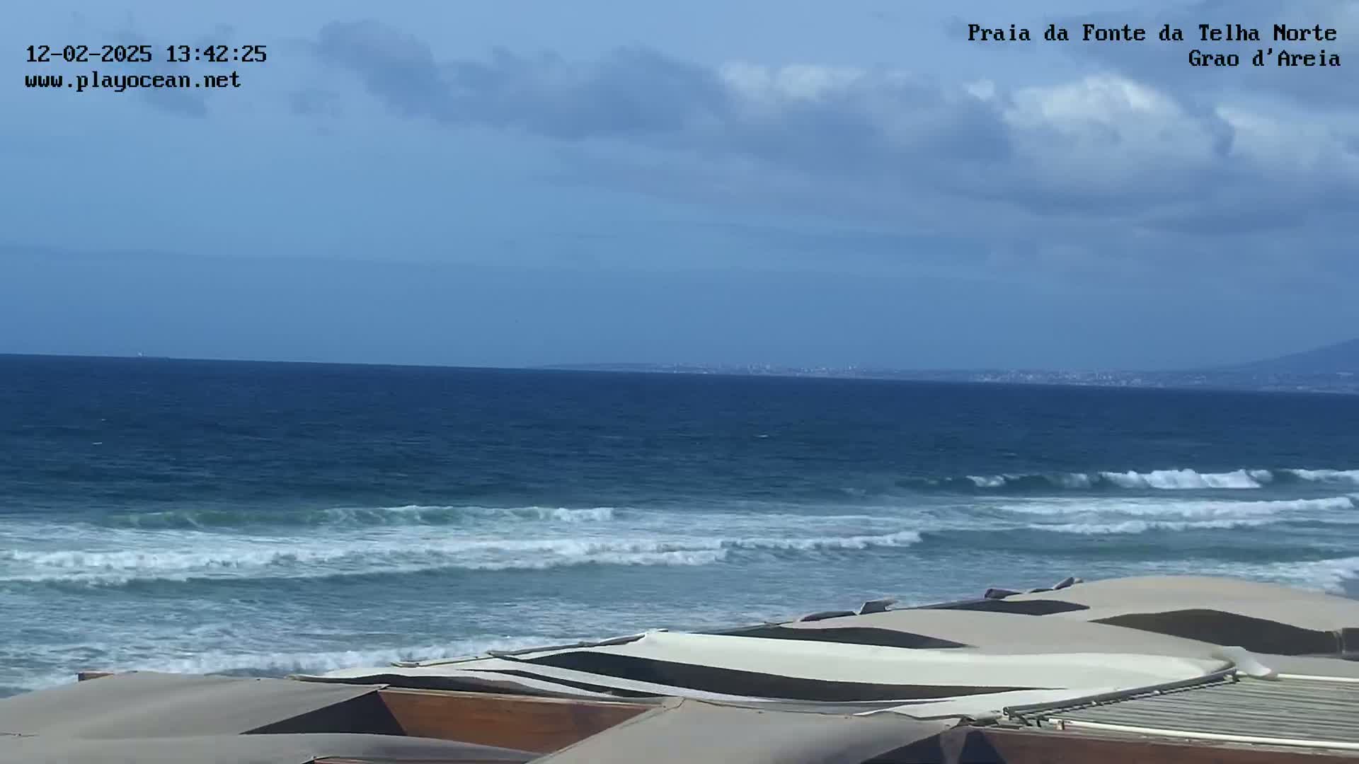 A partly cloudy day at a beach shows gently rolling waves and striped beach umbrellas in the foreground.