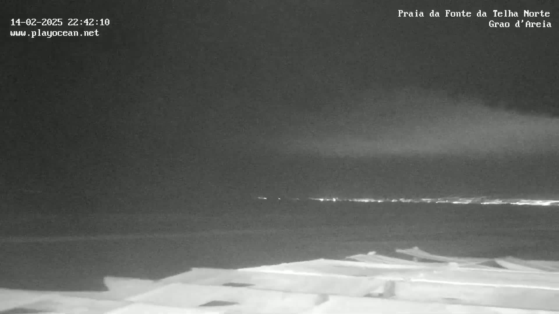 A nighttime, low-light view of a dark ocean with a distant shoreline faintly illuminated, under a mostly cloudy sky.