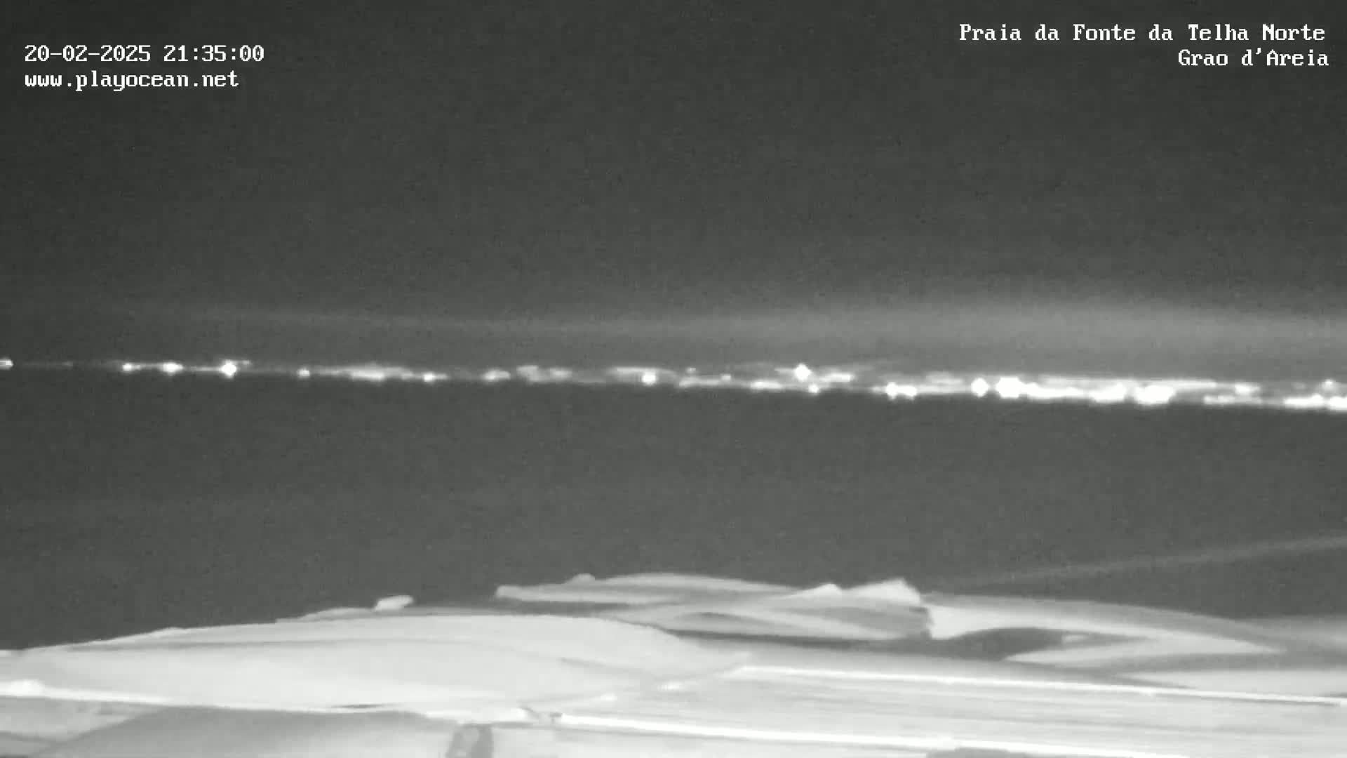 A nighttime long shot shows a distant line of city lights across a dark body of water, under a mostly clear sky.