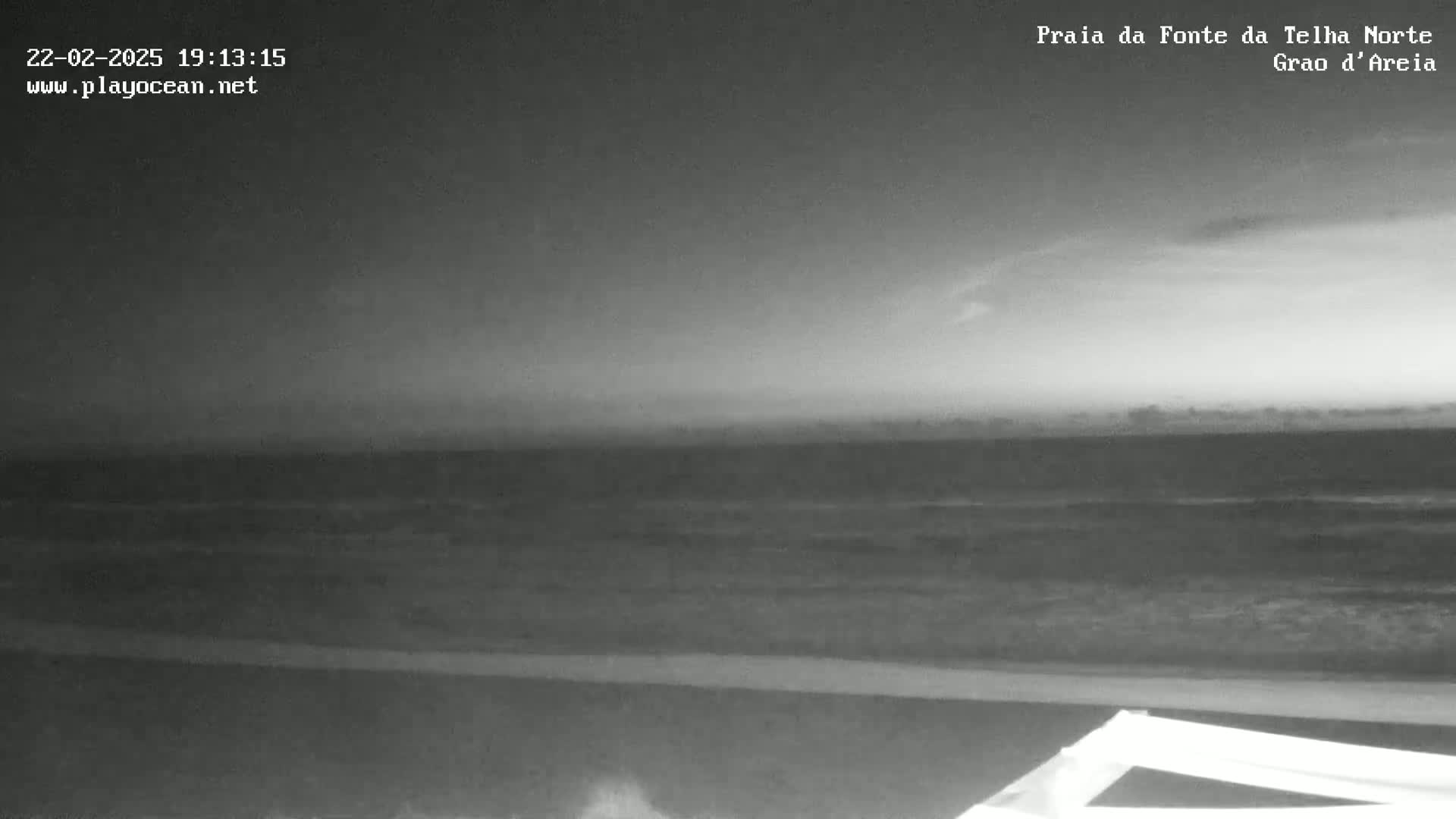A nighttime, grayscale view of a dark ocean with small waves under a mostly clear sky.