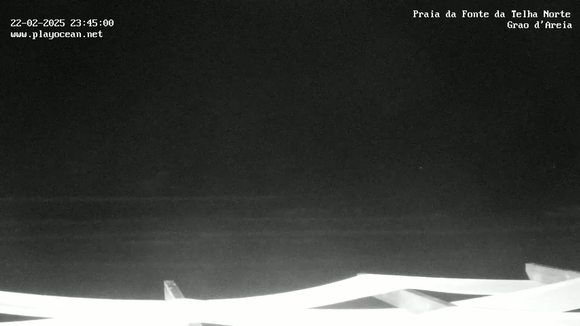 A nighttime, low-light image shows a dark ocean meeting a dark, overcast sky, with a white railing in the bottom of the frame.