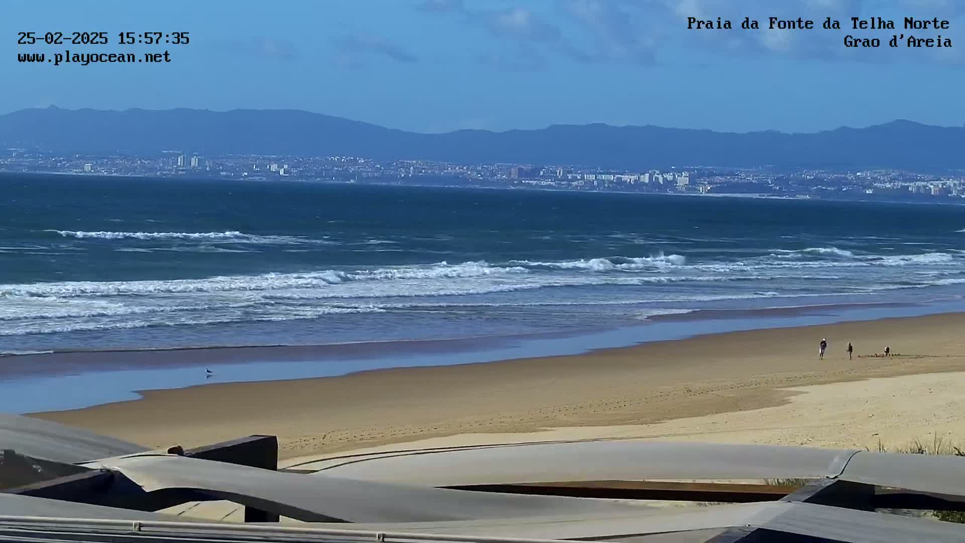 A sandy beach with a few people walking along the shore, moderate waves rolling in from a blue ocean, and a distant city skyline visible under a clear sky.