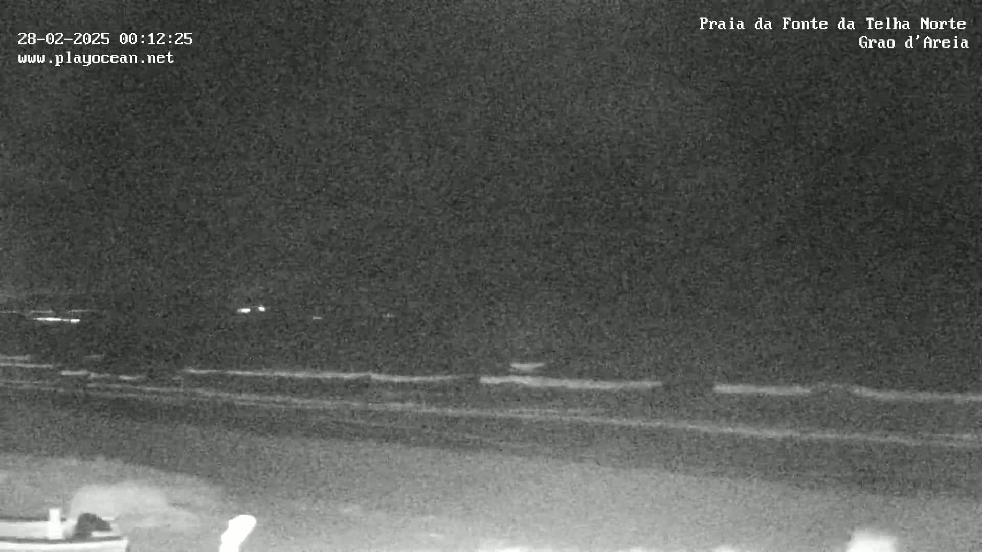 A nighttime, low-light image shows a dark beach with gently lapping waves under a clear, dark sky.