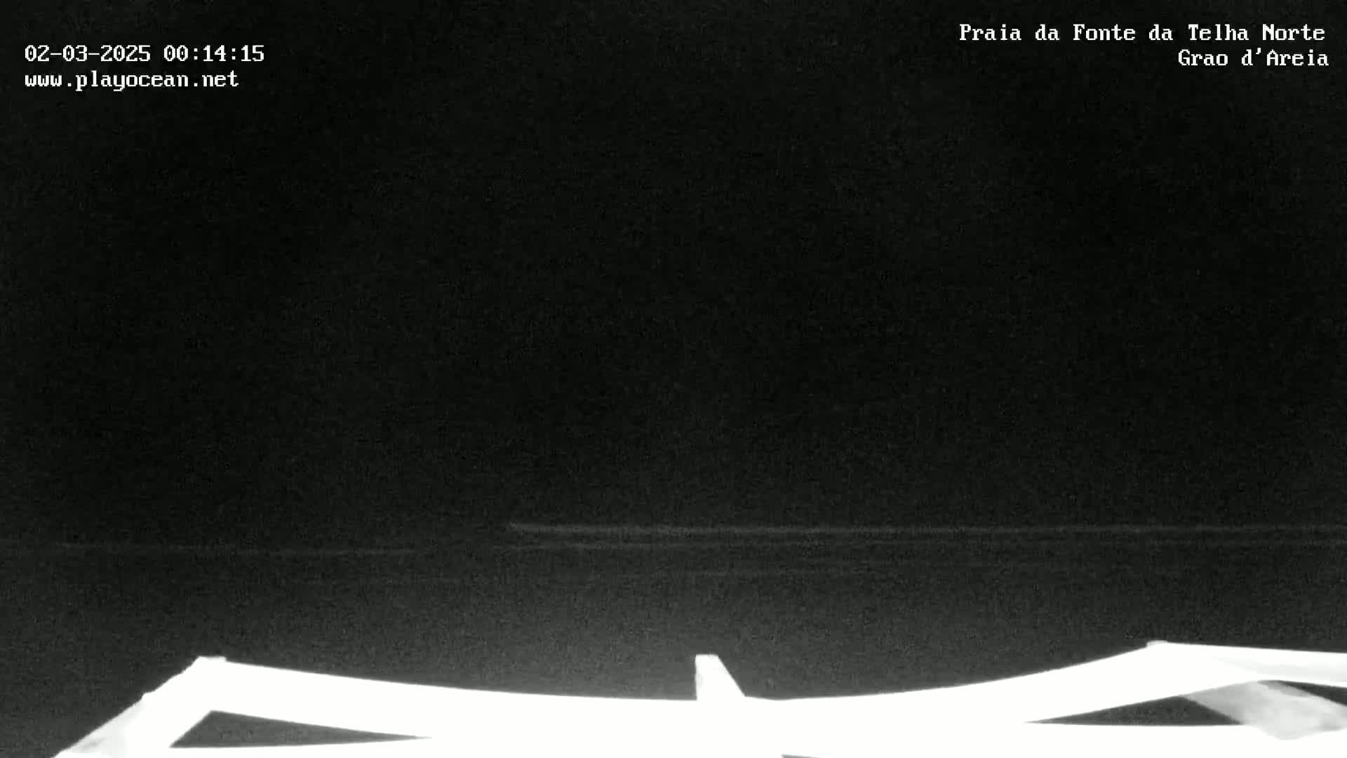 A dark, nighttime beach scene shows a mostly black body of water with a faint horizon line, and a white structure at the very bottom.
